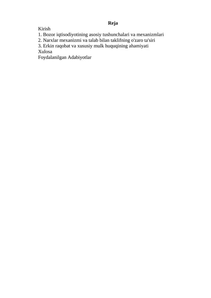 Bozor iqtisodiyotining asosiy tushunchalari va mexanizmlari