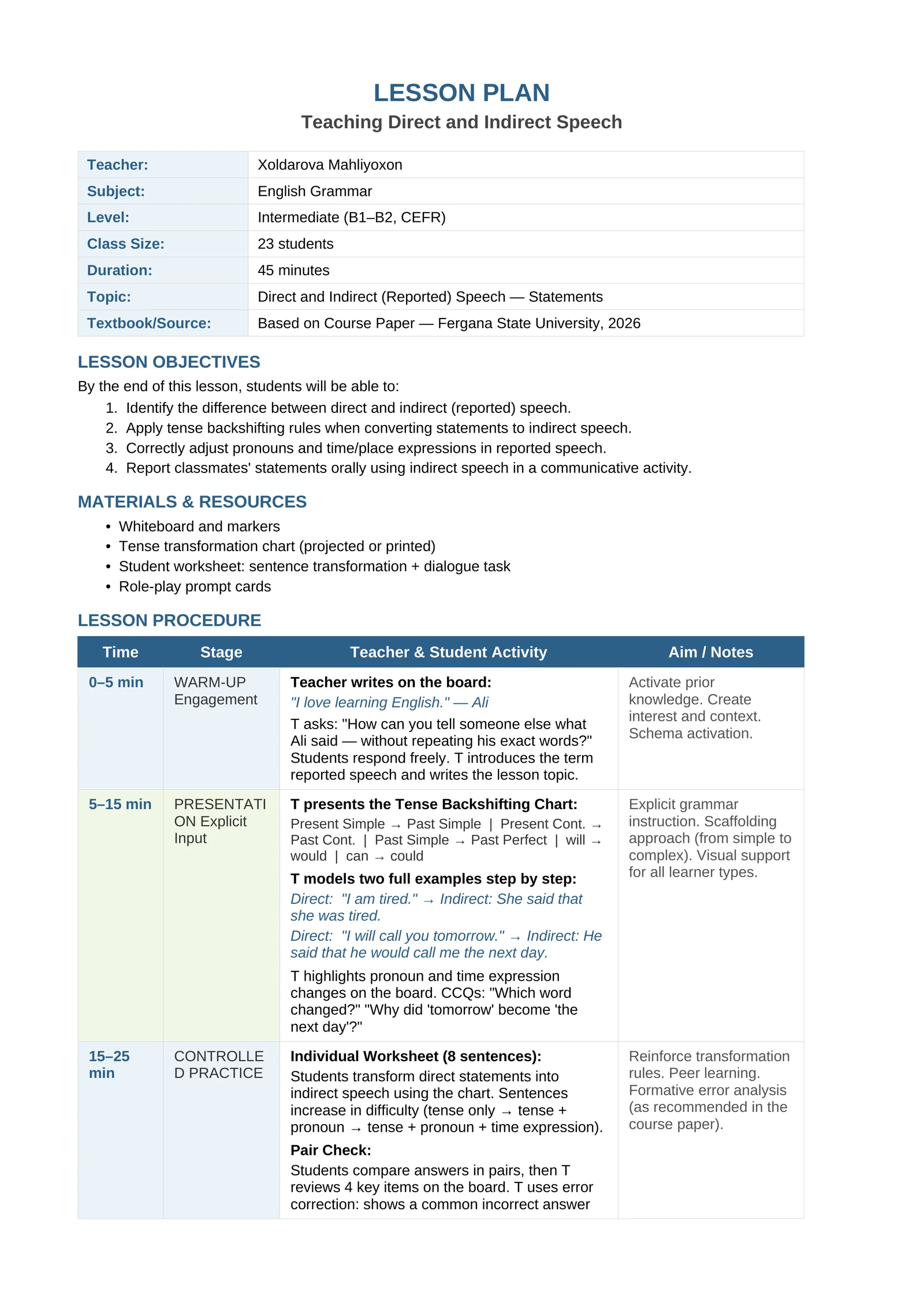 LESSON PLAN Teaching Direct and Indirect Speech