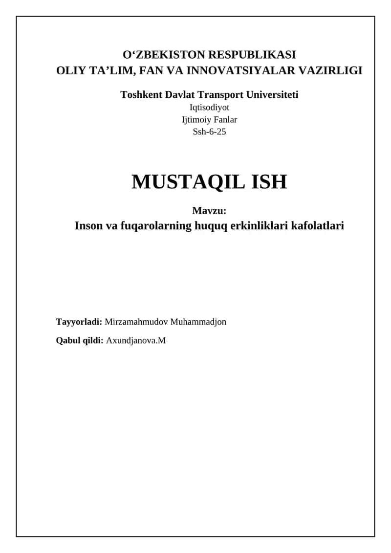 Inson va fuqarolarning huquq erkinliklari kafolatlari