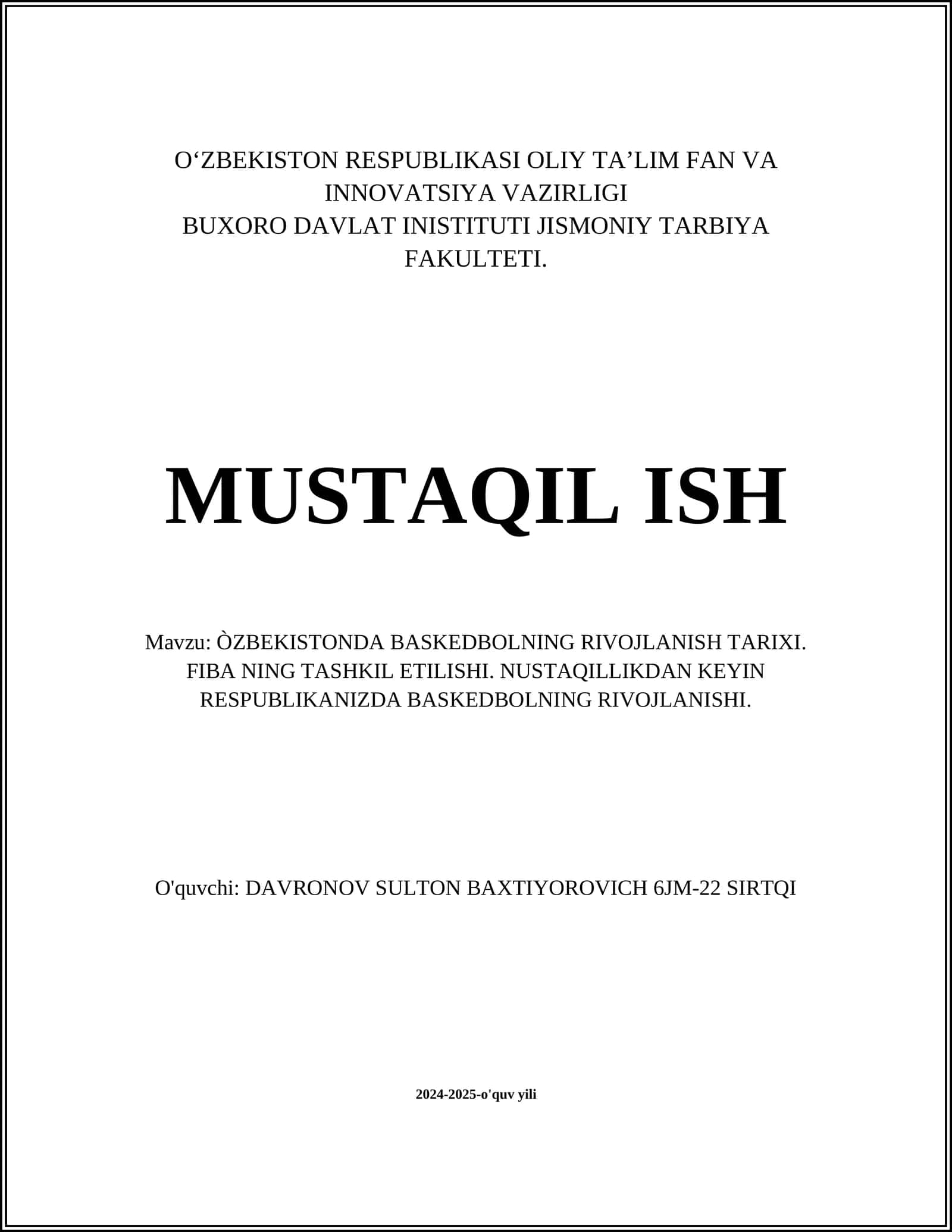 ÒZBEKISTONDA BASKEDBOLNING RIVOJLANISH TARIXI