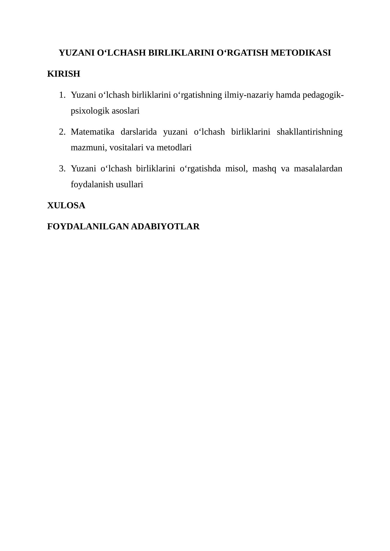 YUZANI O‘LCHASH BIRLIKLARINI O‘RGATISH METODIKASI