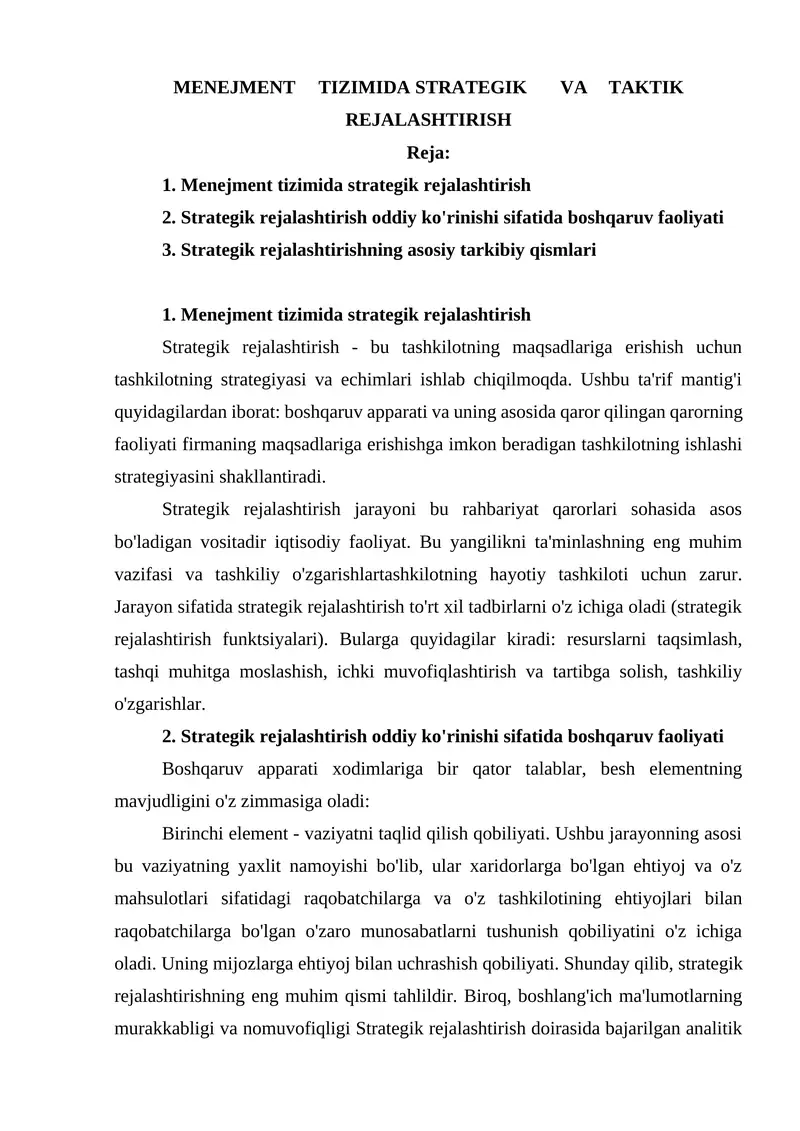MENEJMENT TIZIMIDA STRATEGIK VA TAKTIK REJALASHTIRISH