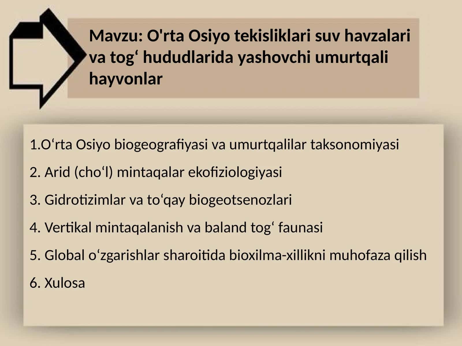 O'rta Osiyo tekisliklari suv havzalari va togʻ hududlarida yashovchi umurtqali hayvonlar