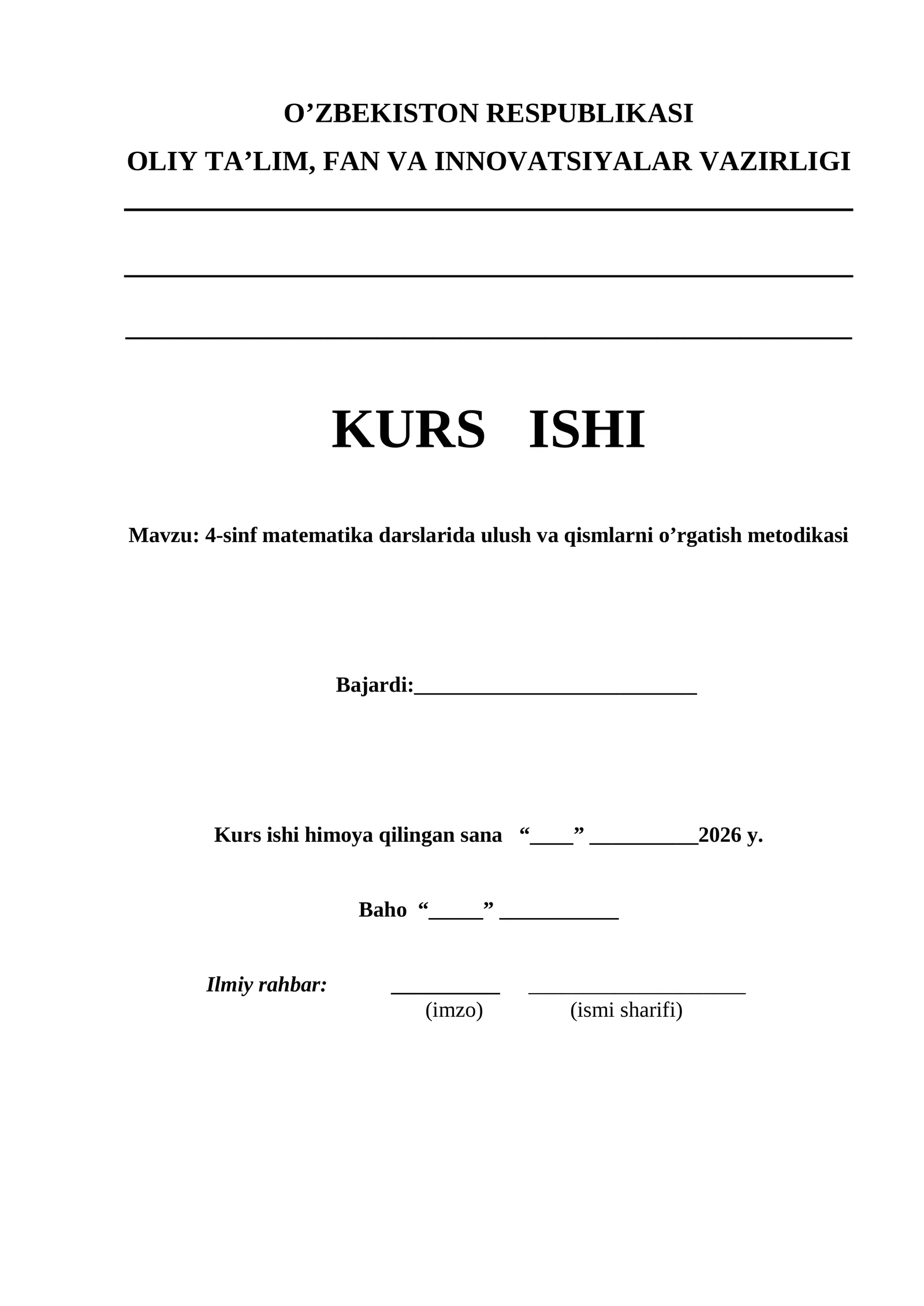 4-sinf matematika darslarida ulush va qismlarni o’rgatish metodikasi kurs ishi
