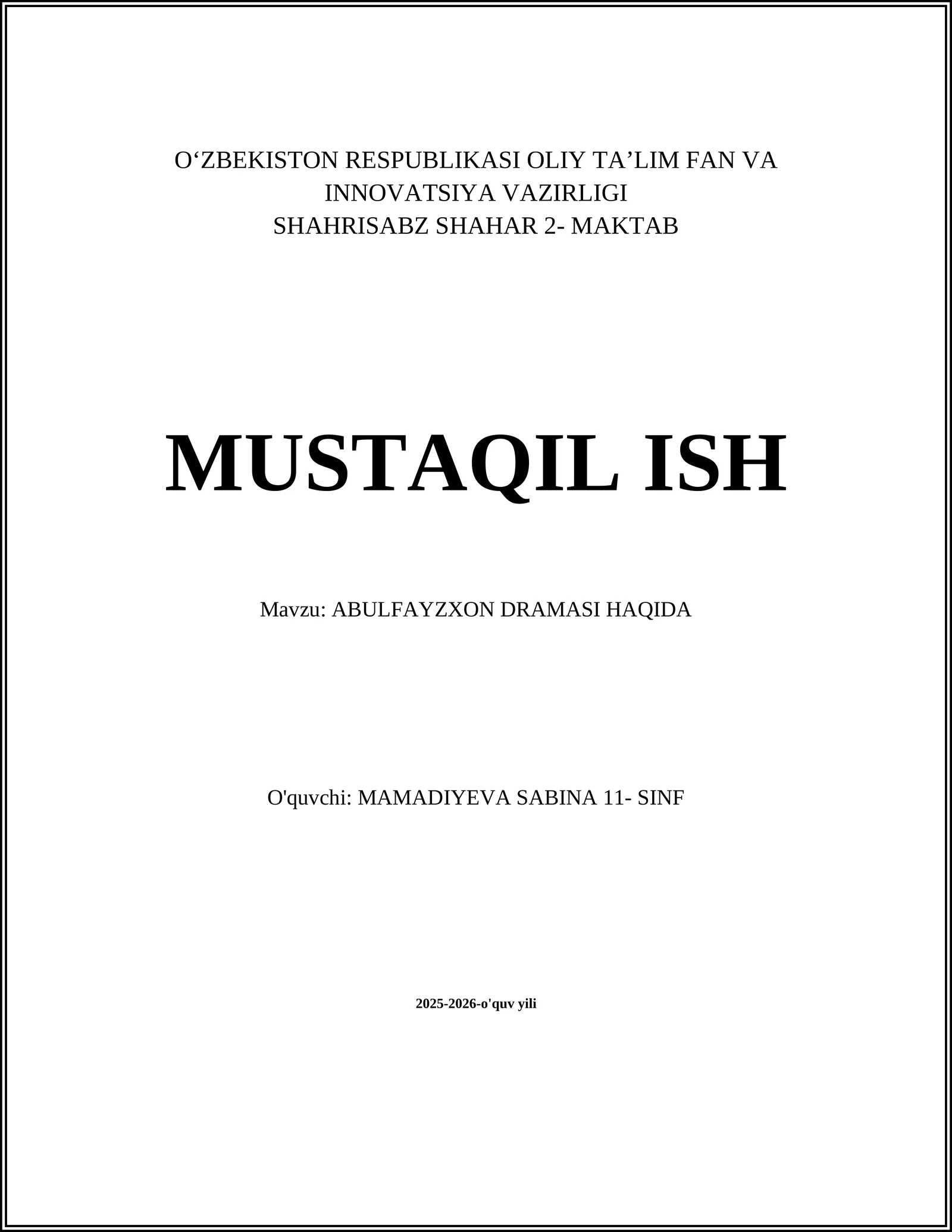 ABULFAYZXON DRAMASI HAQIDA