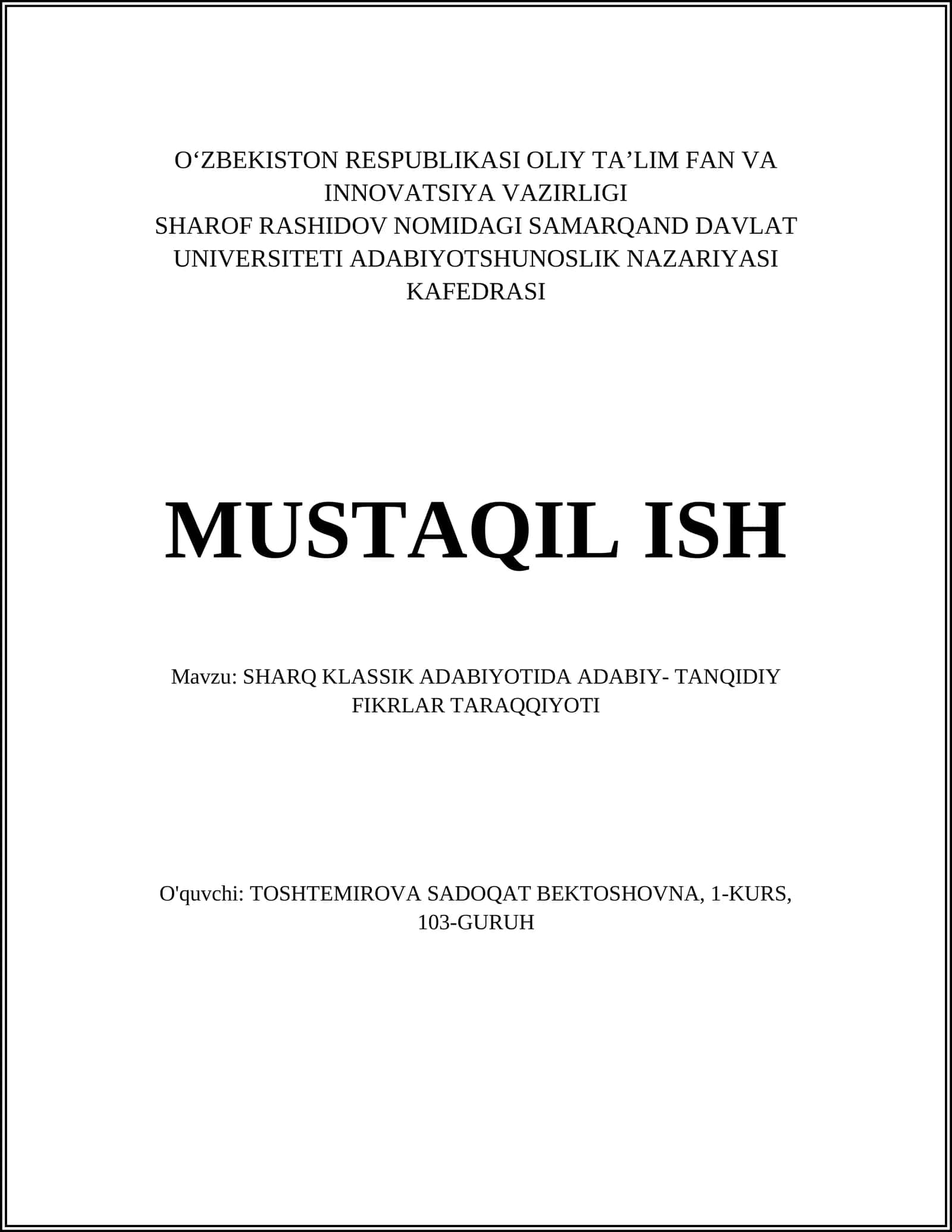 SHARQ KLASSIK ADABIYOTIDA ADABIY- TANQIDIY FIKRLAR TARAQQIYOTI