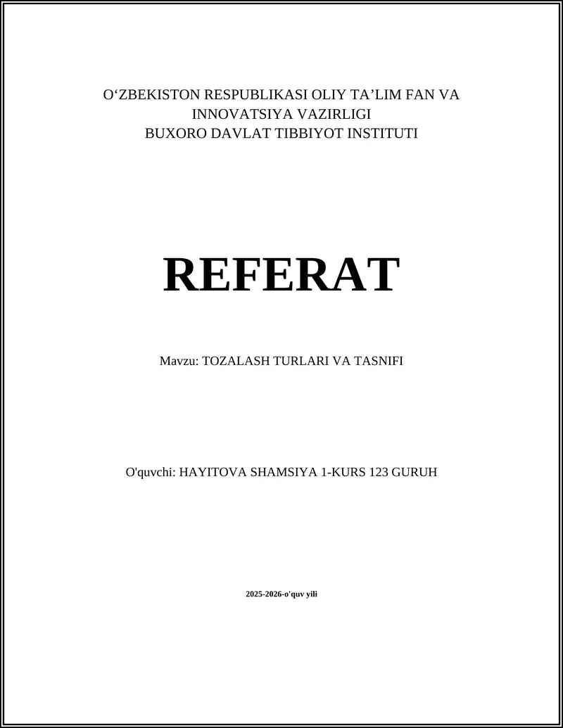 TOZALASH TURLARI VA TASNIFI