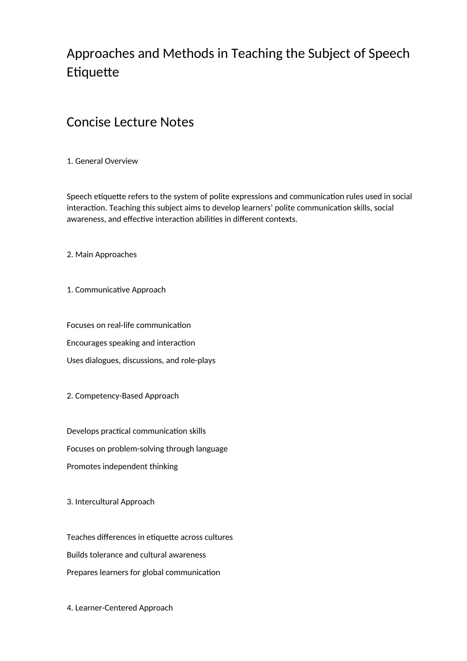Approaches and Methods in Teaching the Subject of Speech Etiquette