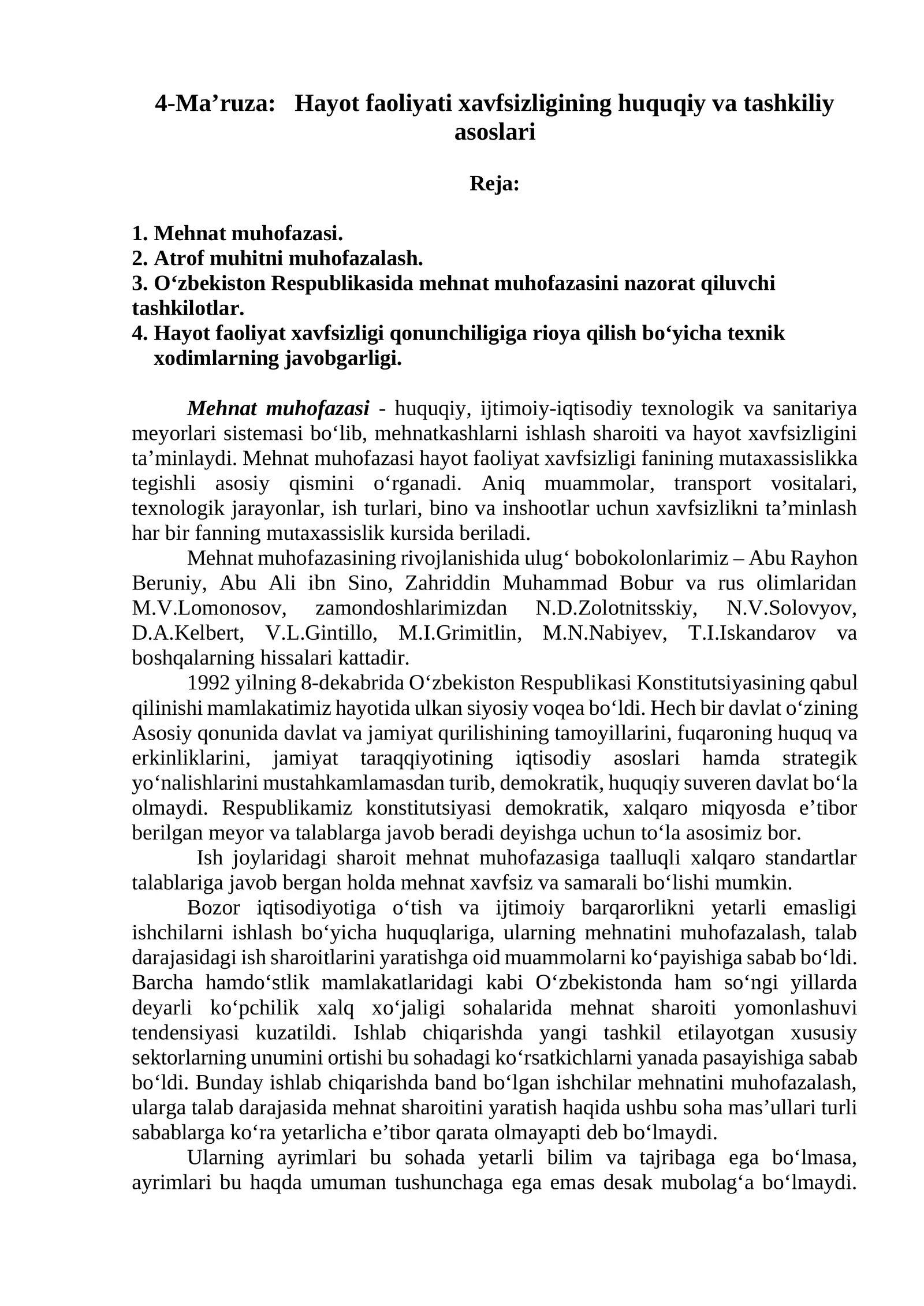 4-Ma’ruza: Hayot faoliyati xavfsizligining huquqiy va tashkiliy asoslari