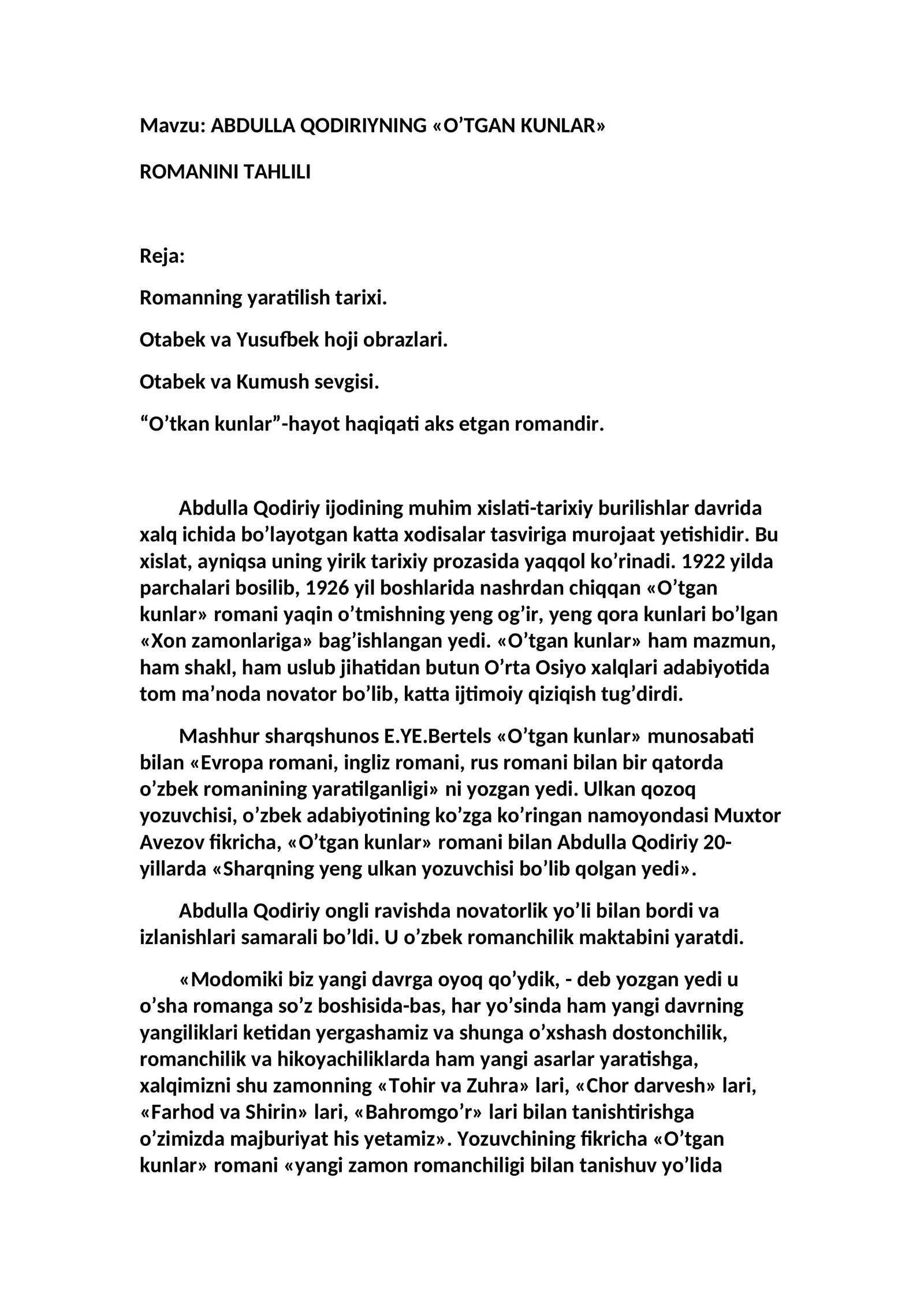 ABDULLA QODIRIYNING «O’TGAN KUNLAR» ROMANINI TAHLILI