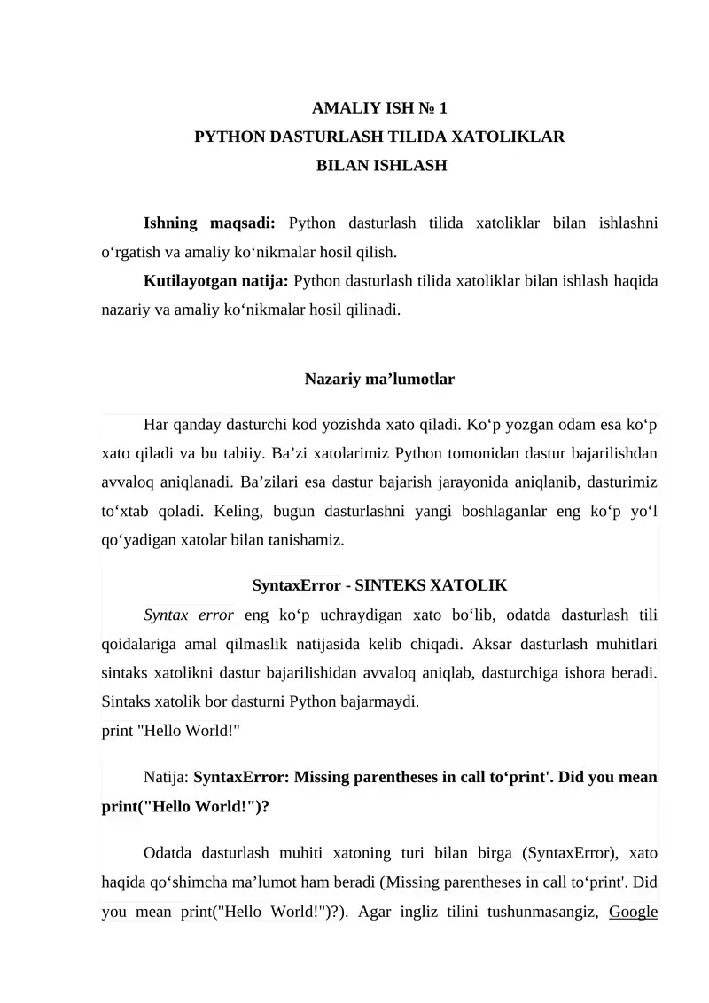 PYTHON DASTURLASH TILIDA XATOLIKLAR BILAN ISHLASH