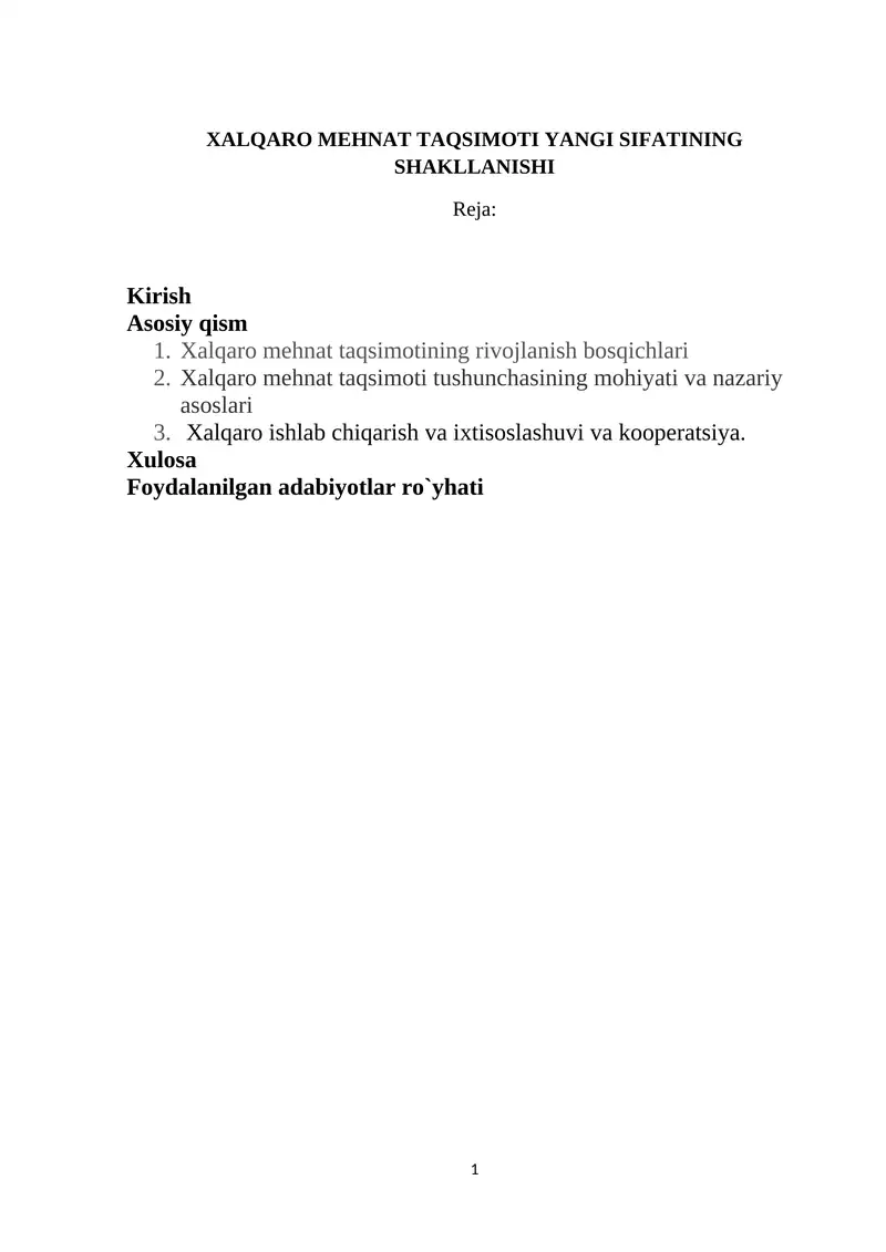 XALQARO MEHNAT TAQSIMOTI YANGI SIFATINING SHAKLLANISHI