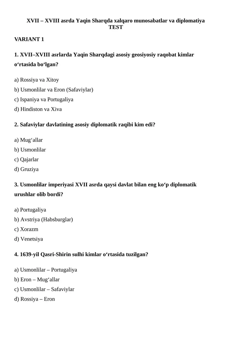 XVII – XVIII asrda Yaqin Sharqda xalqaro munosabatlar va diplomatiya