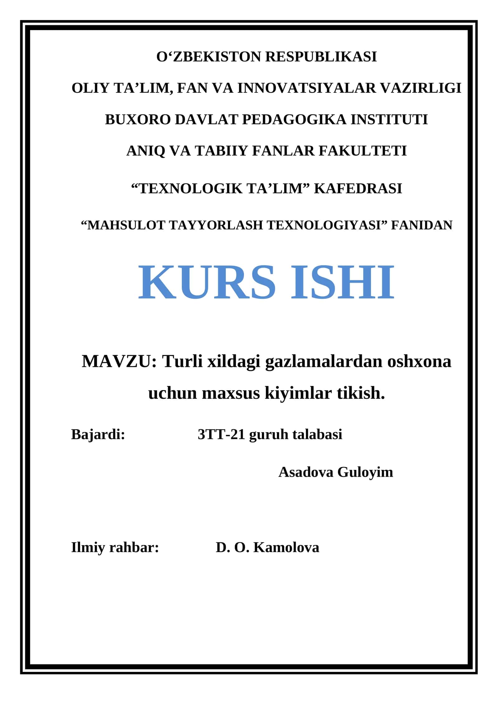 "Turli xildagi gazlamalardan oshxona uchun maxsus kiyimlar tikish"