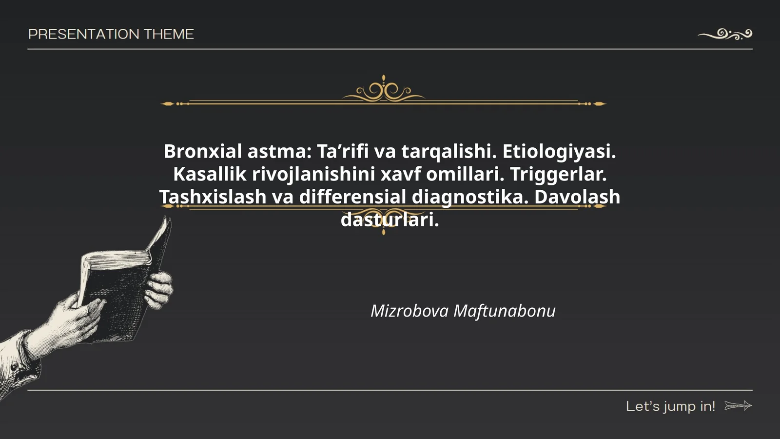 Bronxial astma: Taʼrifi va tarqalishi. Etiologiyasi. Kasallik rivojlanishini xavf omillari. Triggerlar. Tashxislash va differensial diagnostika. Davolash dasturlari