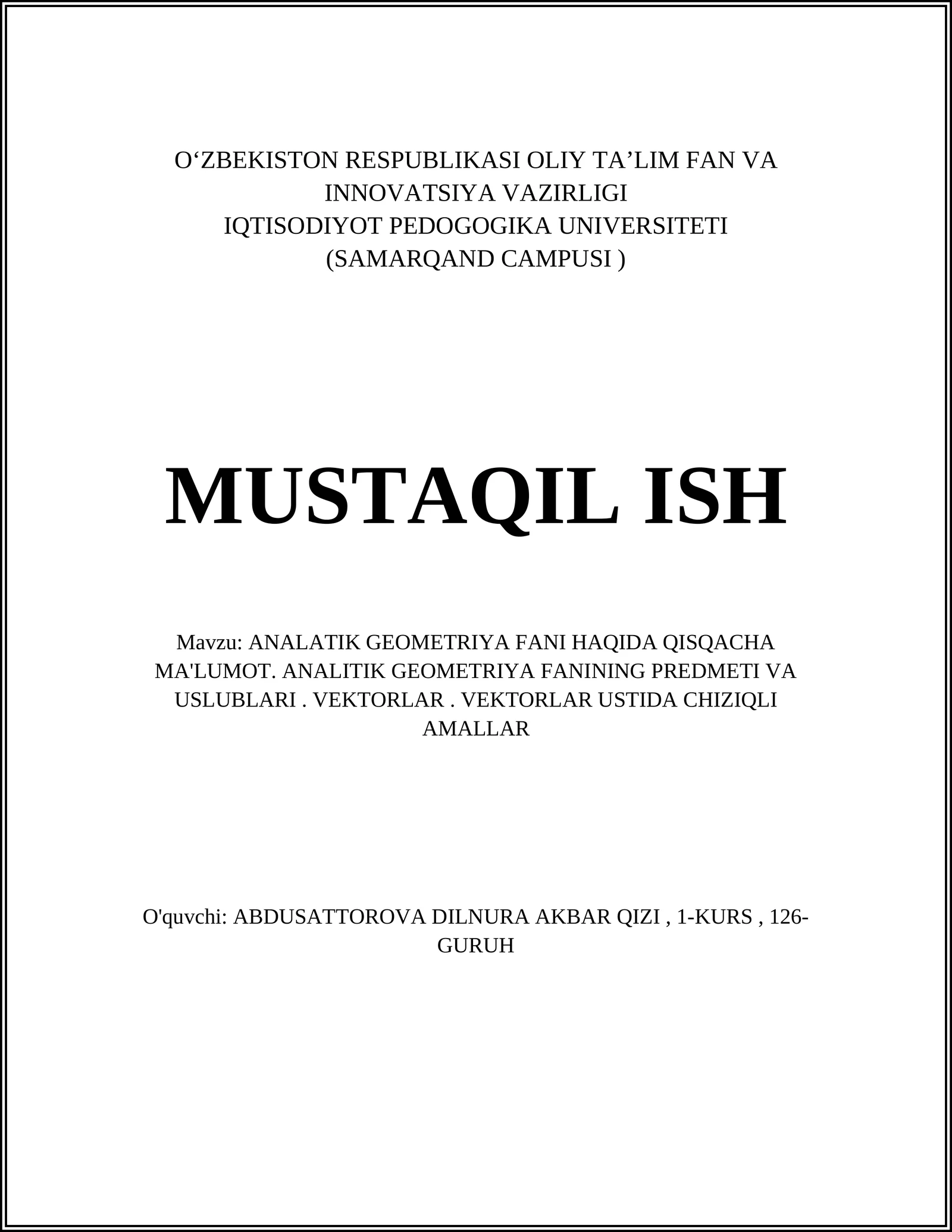 ANALATIK GEOMETRIYA FANI HAQIDA QISQACHA MA'LUMOT