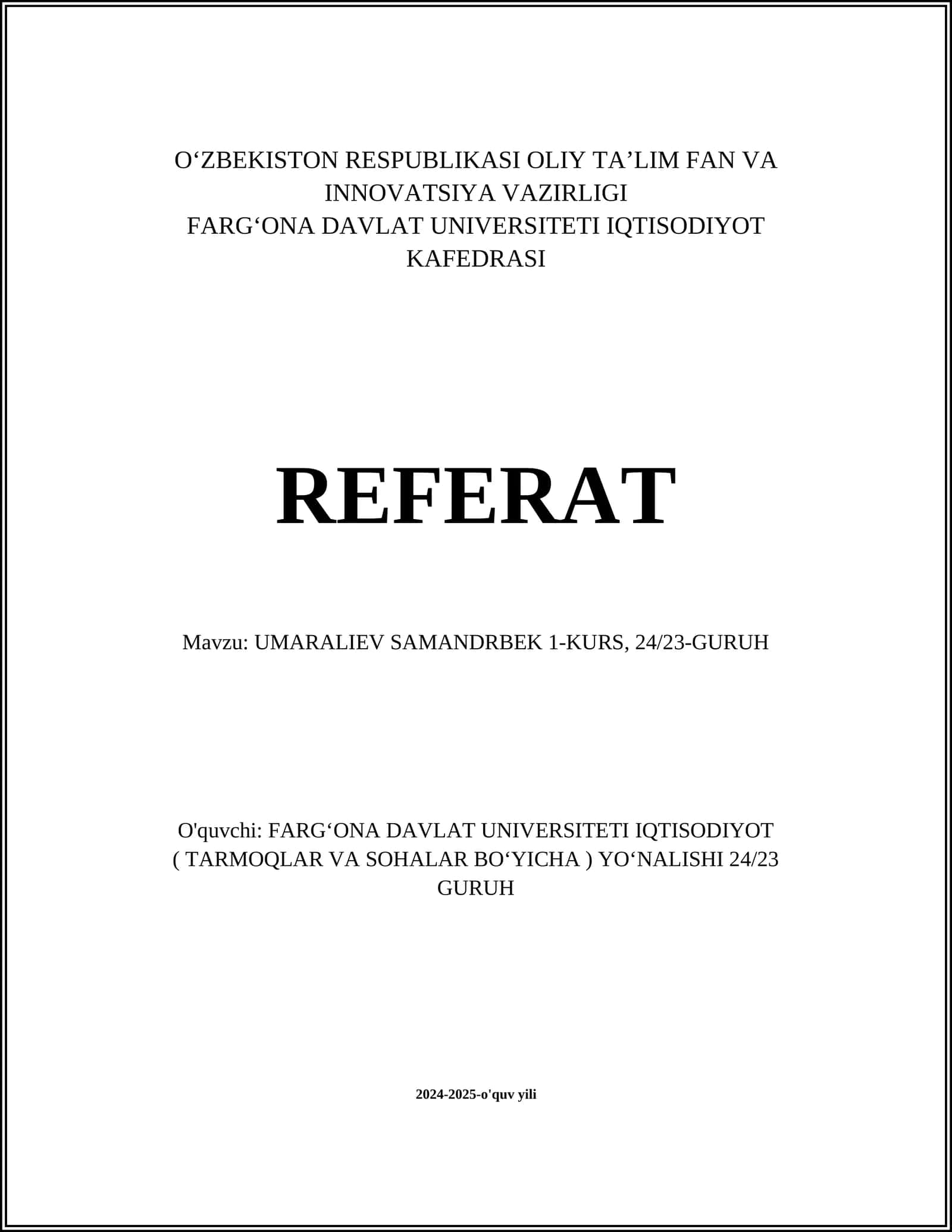 REFERAT UMARALIEV SAMANDRBEK 1-KURS, 24/23-GURUH