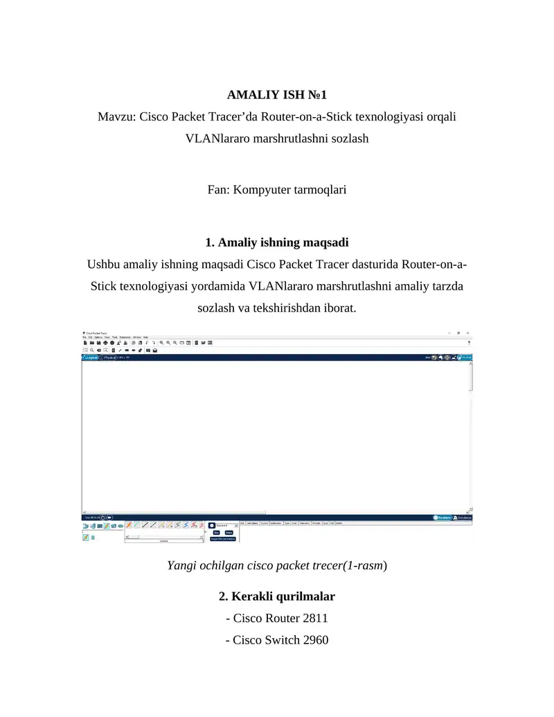 Cisco Packet Tracer’da Router-on-a-Stick Texnologiyasi