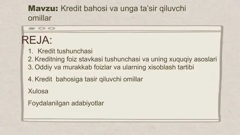 Kredit bahosi va unga taʼsir qiluvchi omillar