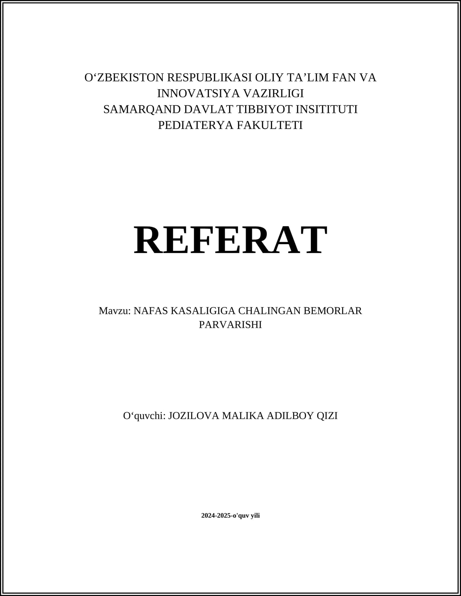 NAFAS KASALIGIGA CHALINGAN BEMORLAR PARVARISHI