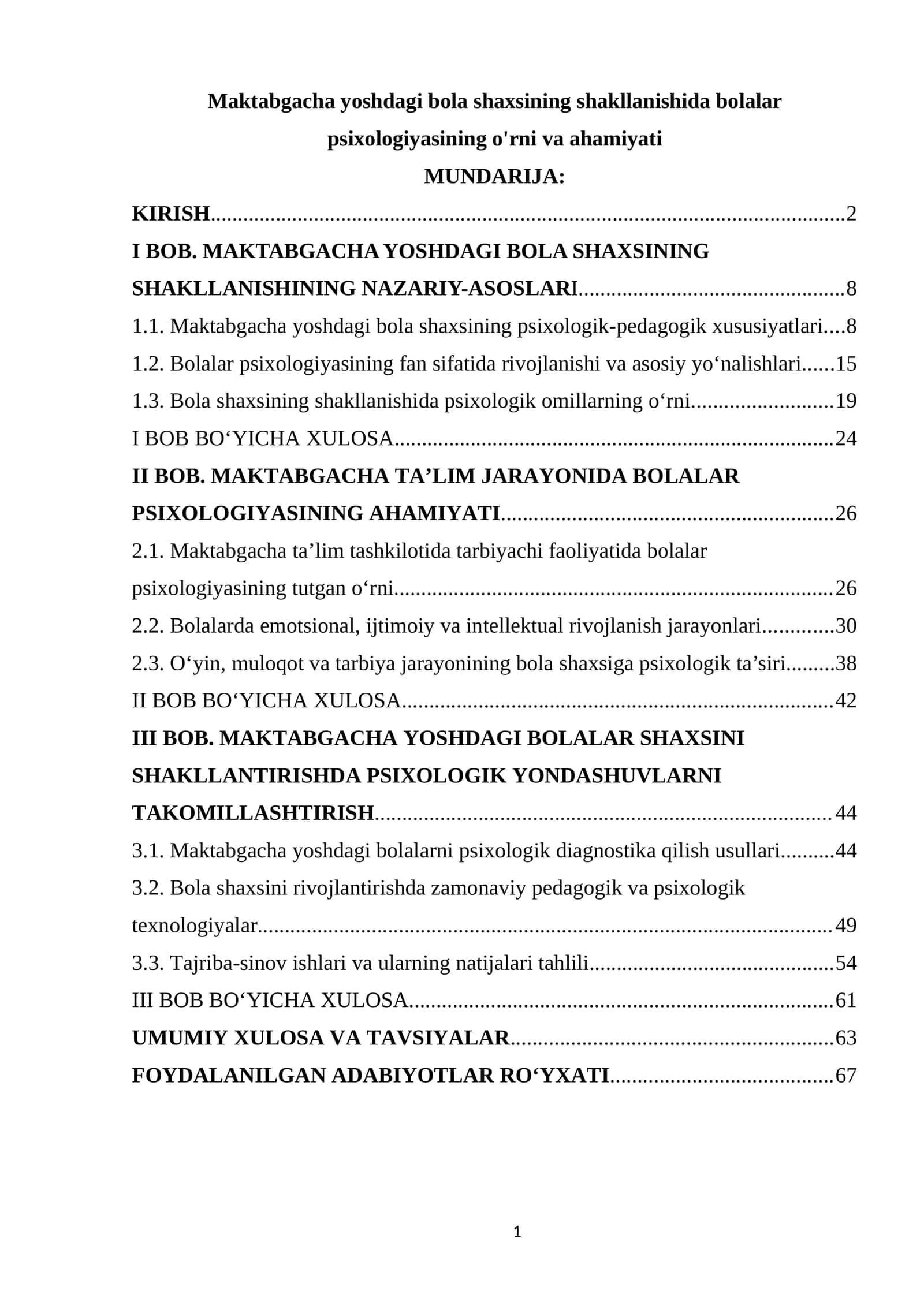 Maktabgacha yoshdagi bola shaxsining shakllanishida bolalar psixologiyasining o'rni va ahamiyati