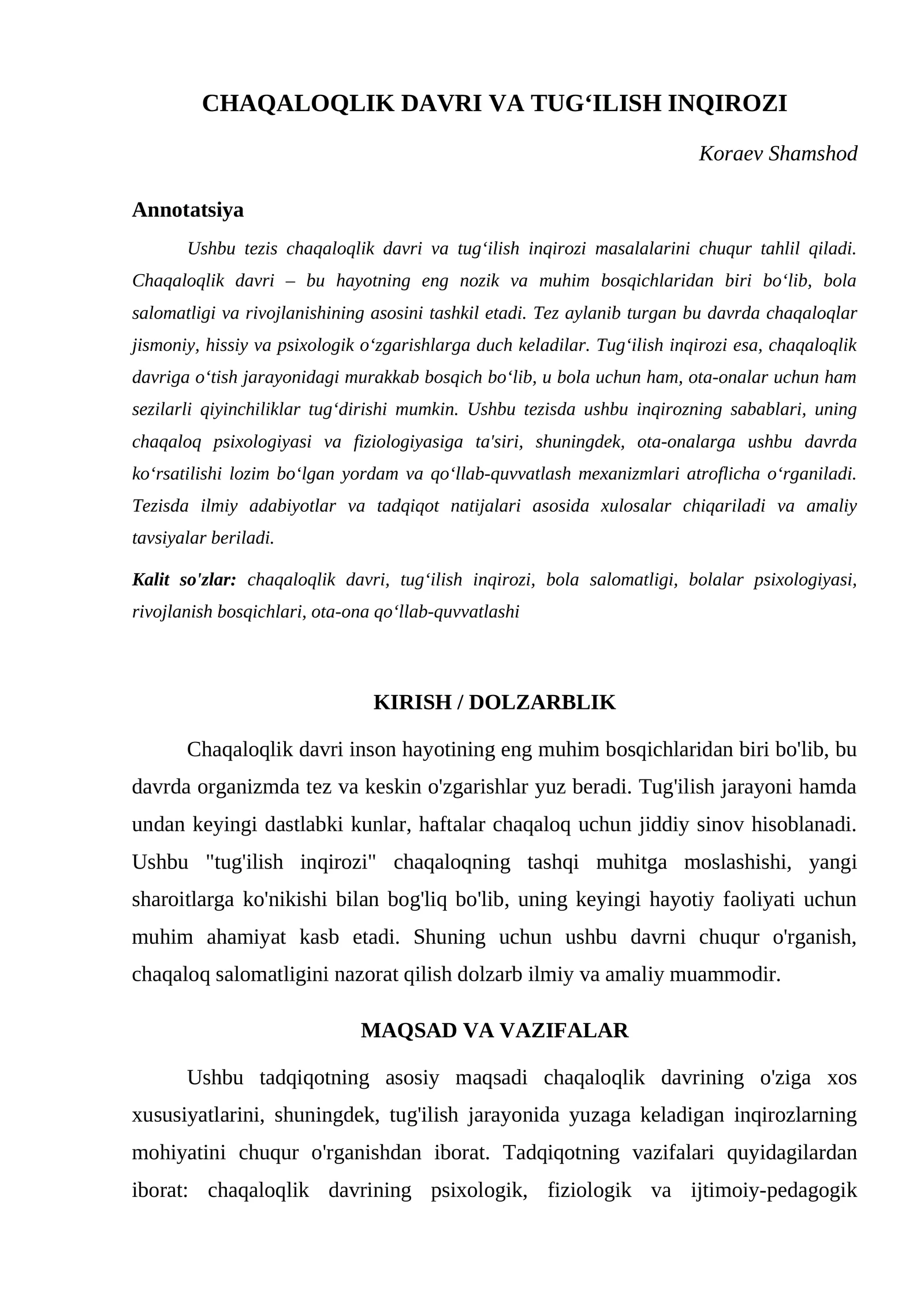 CHAQALOQLIK DAVRI VA TUG‘ILISH INQIROZI