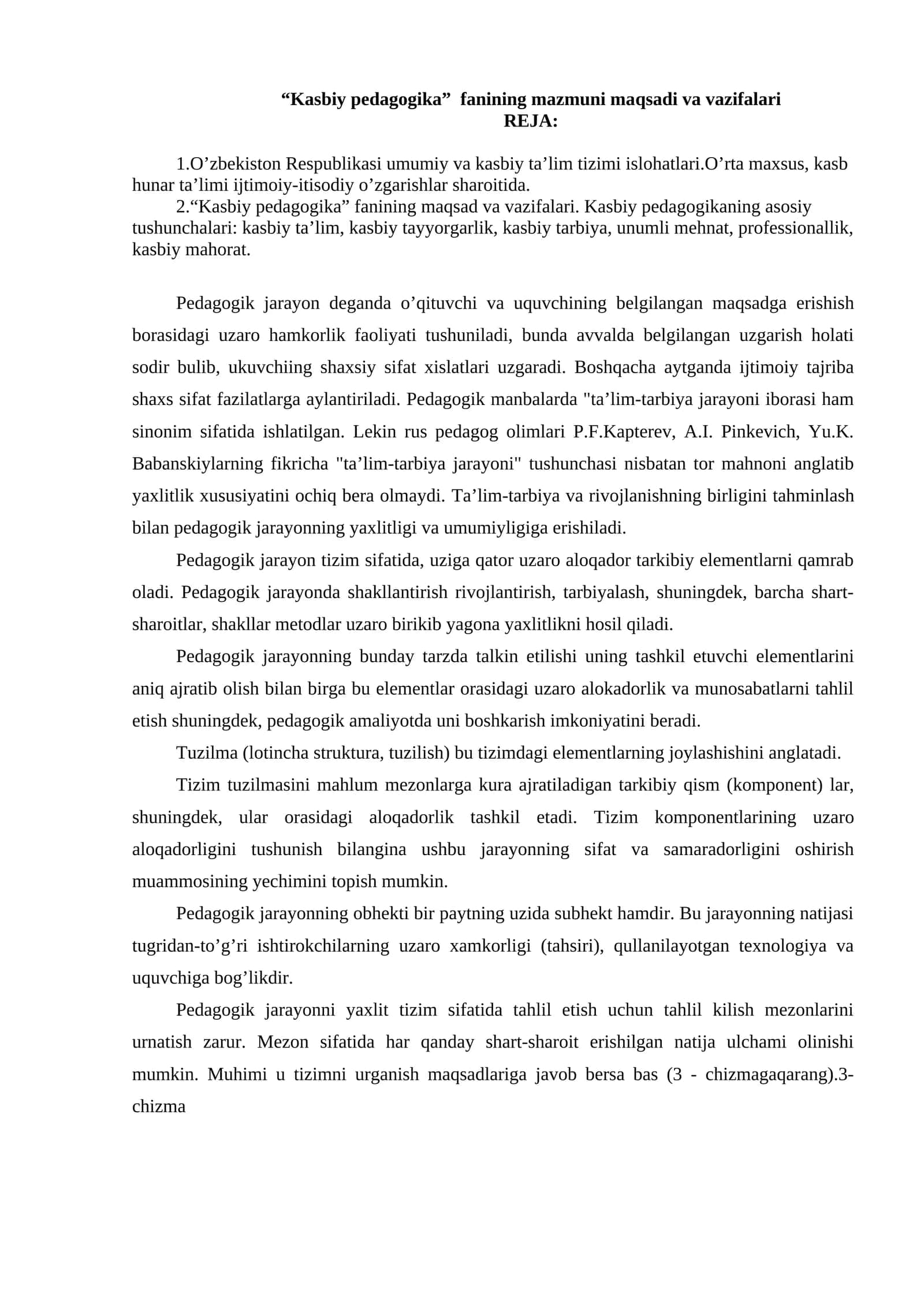 Kasbiy pedagogika fanining mazmuni maqsadi va vazifalari