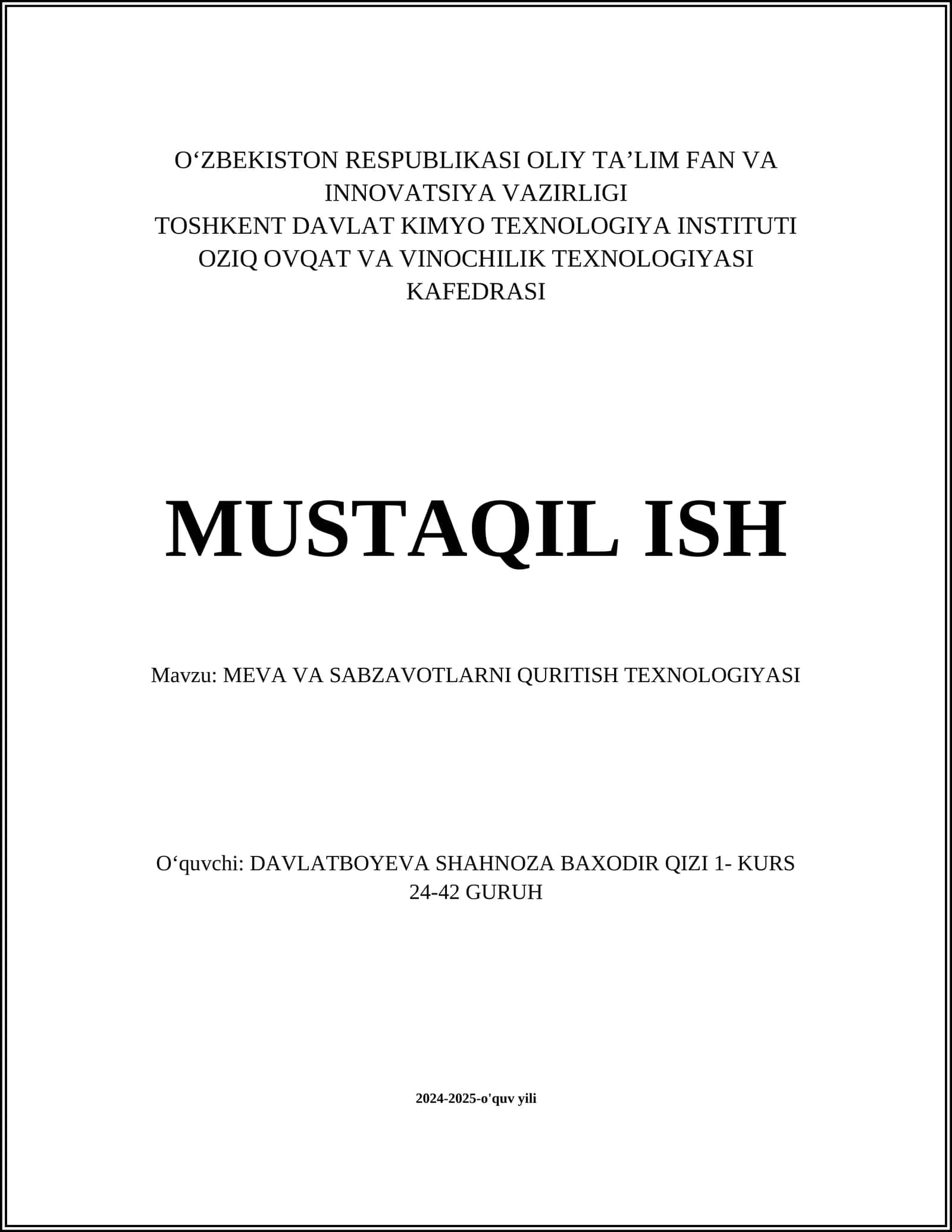 MEVA VA SABZAVOTLARNI QURITISH TEXNOLOGIYASI