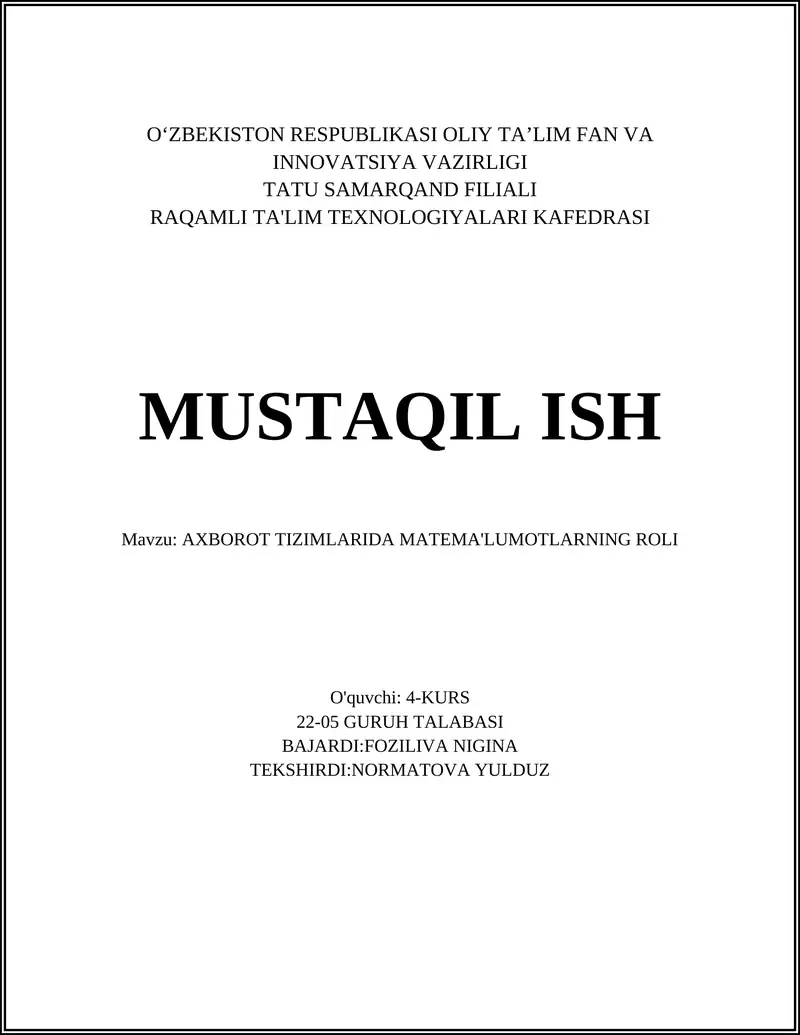 AXBOROT TIZIMLARIDA MATEMA'LUMOTLARNING ROLI