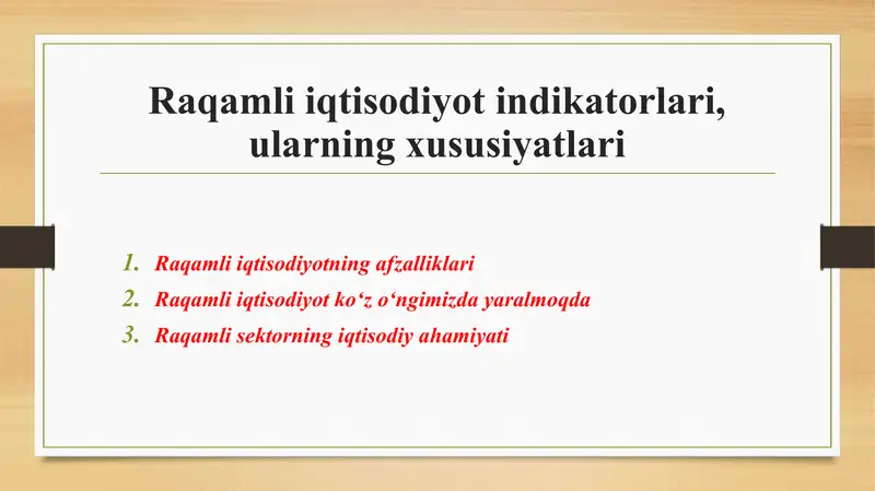 Raqamli iqtisodiyot indikatorlari va ularning xususiyatlari