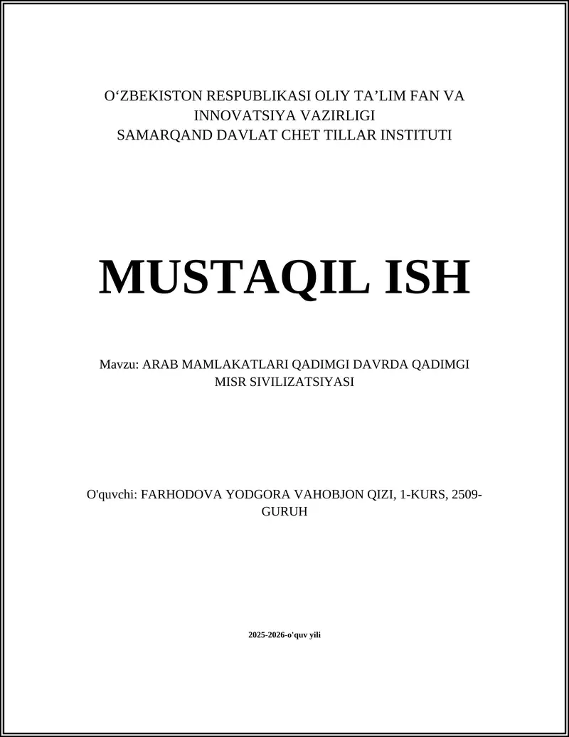 ARAB MAMLAKATLARI QADIMGI DAVRDA QADIMGI MISR SIVILIZATSIYASI