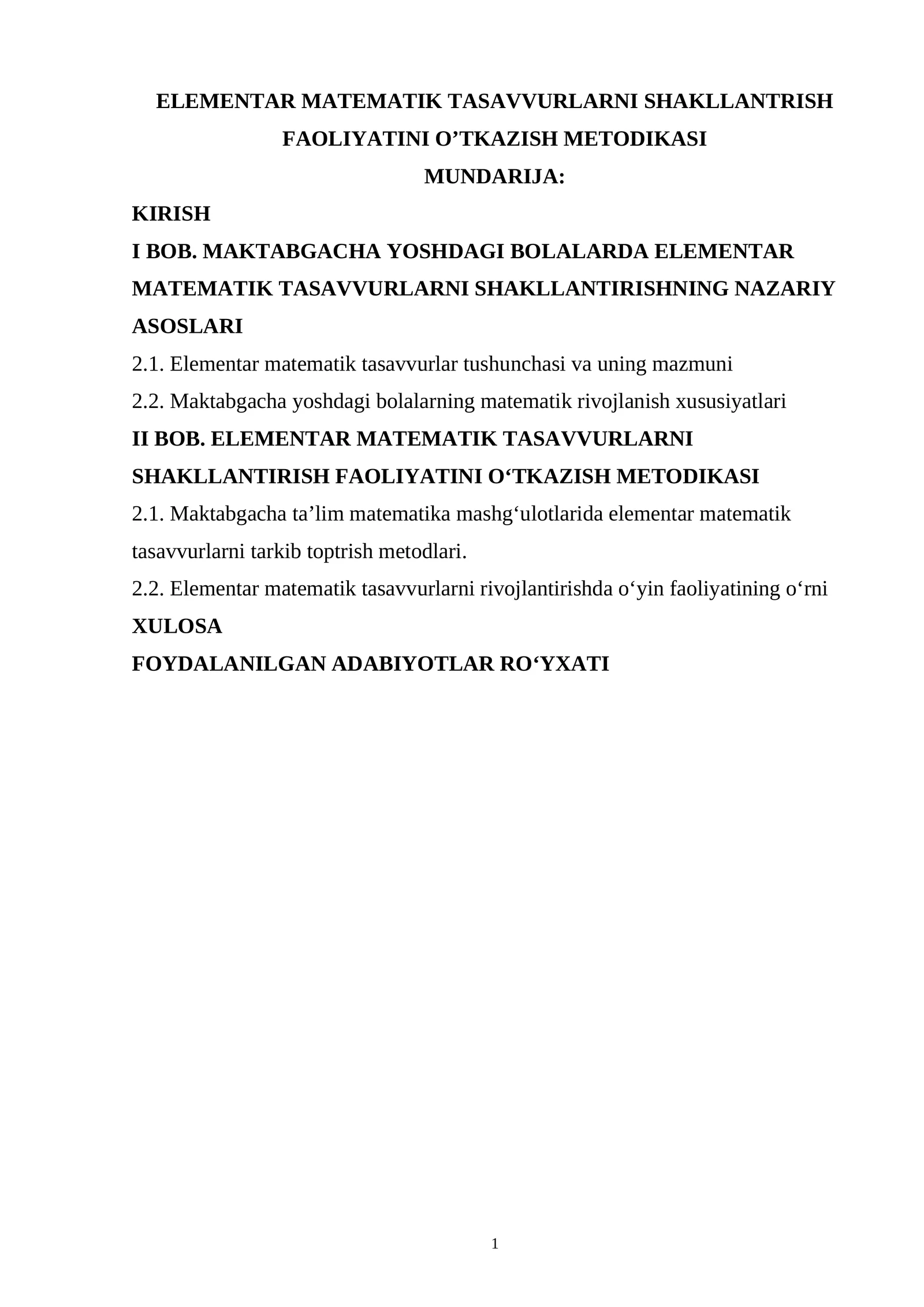 Elementar matematik tasavvurlarni shakllantrish faoliyatini o’tkazish metodikasi