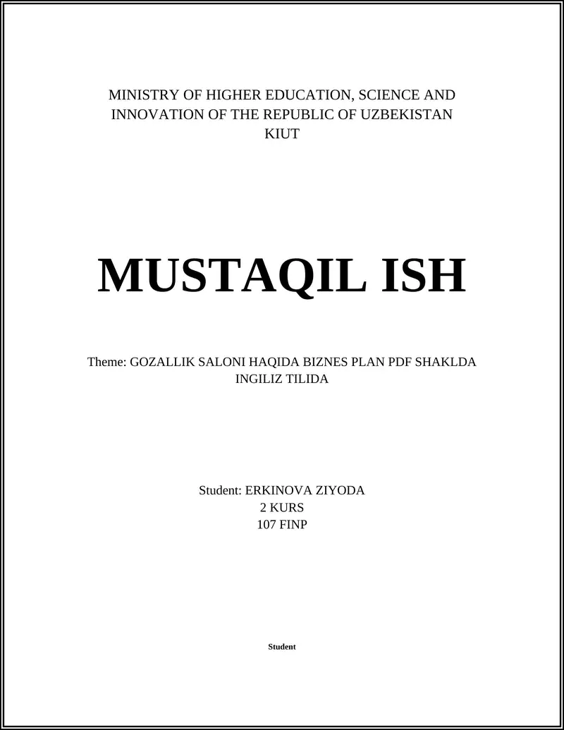 GOZALLIK SALONI HAQIDA BIZNES PLAN PDF SHAKLDA INGILIZ TILIDA