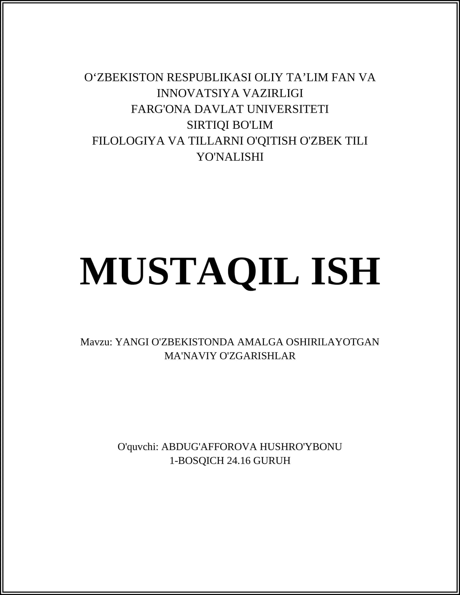 YANGI O'ZBEKISTONDA AMALGA OSHIRILAYOTGAN MA'NAVIY O'ZGARISHLAR