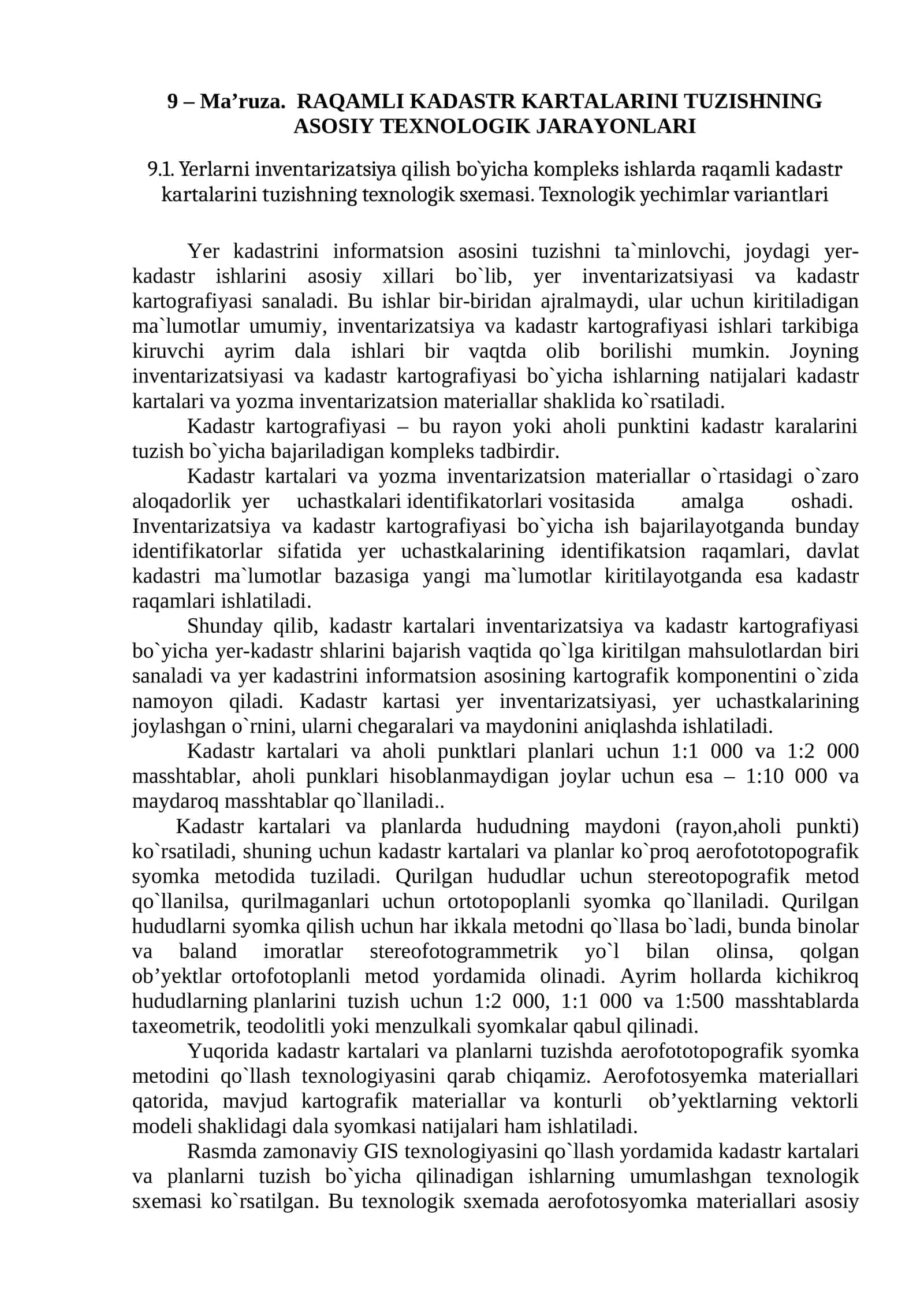 RAQAMLI KADASTR KARTALARINI TUZISHNING ASOSIY TEXNOLOGIK JARAYONLARI