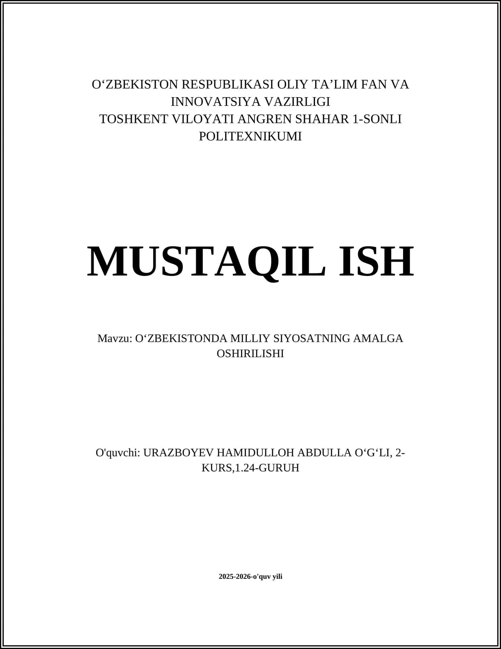 Oʻzbekistonda milliy siyosatni amalga oshirishda qonunchilik bazasining roli