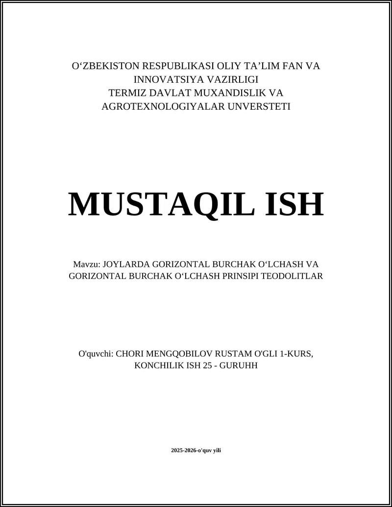 Joyni oʻlchash va gorizontal burchak oʻlchash prinsi
