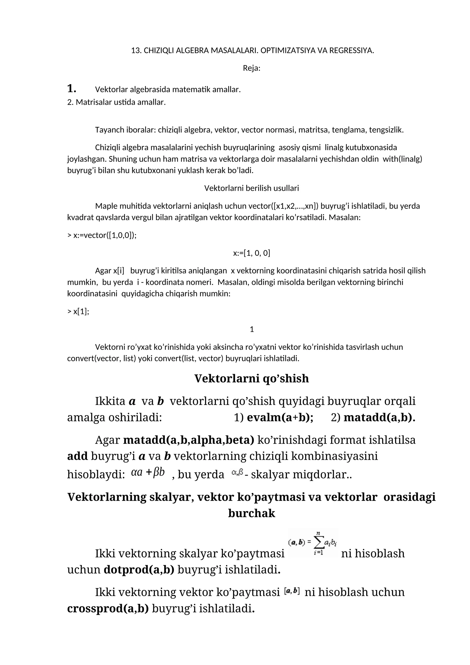 CHIZIQLI ALGEBRA MASALALARI. OPTIMIZATSIYA VA REGRESSIYA