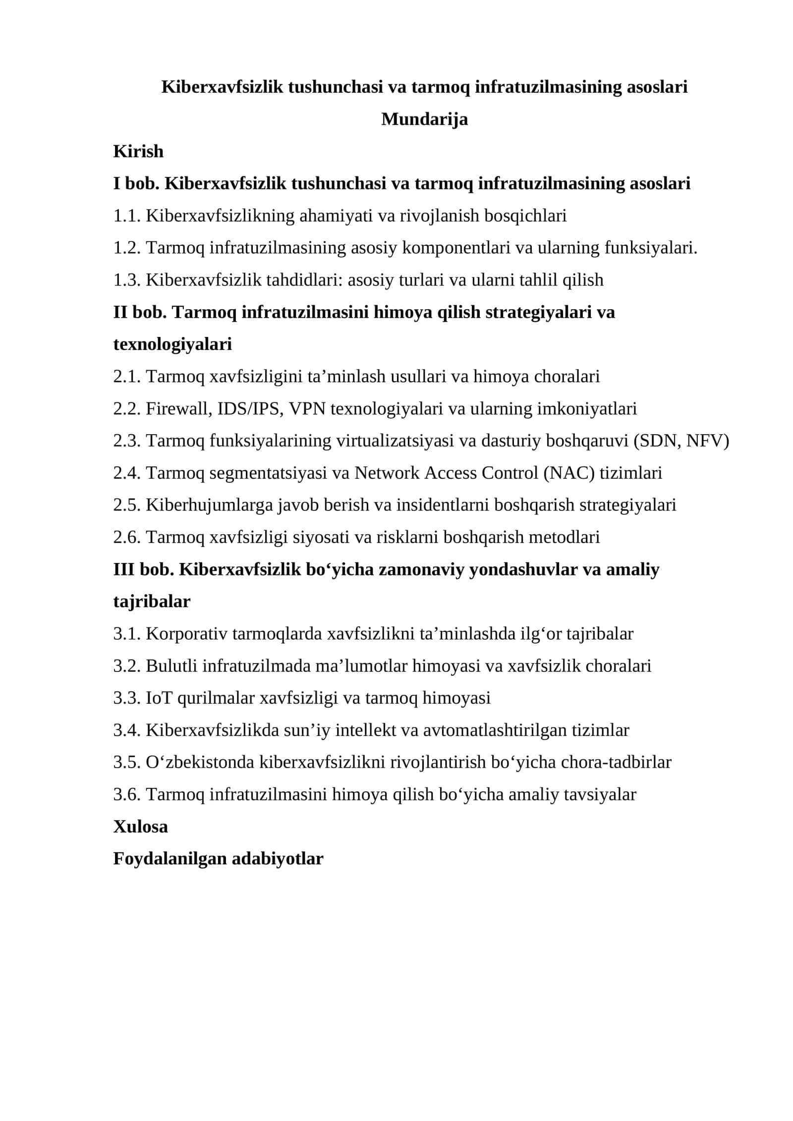 Kiberxavfsizlik tushunchasi va tarmoq infratuzilmasining asoslari