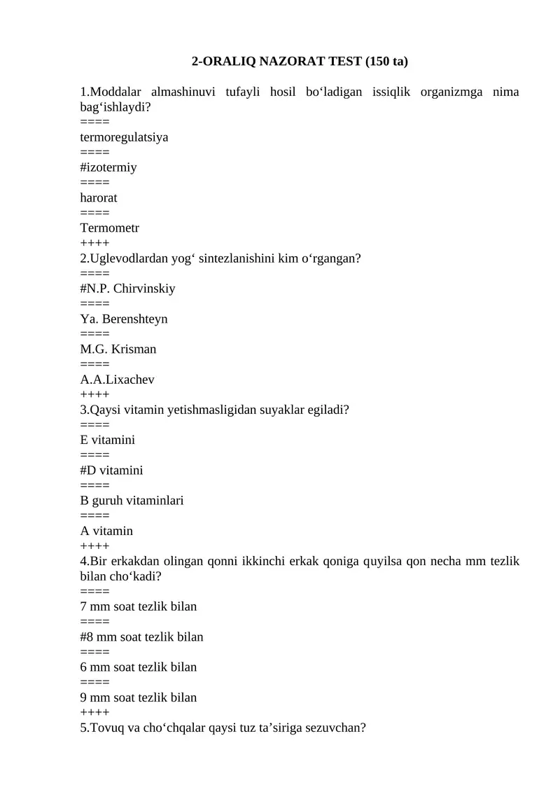 ORALIQ NAZORAT TEST