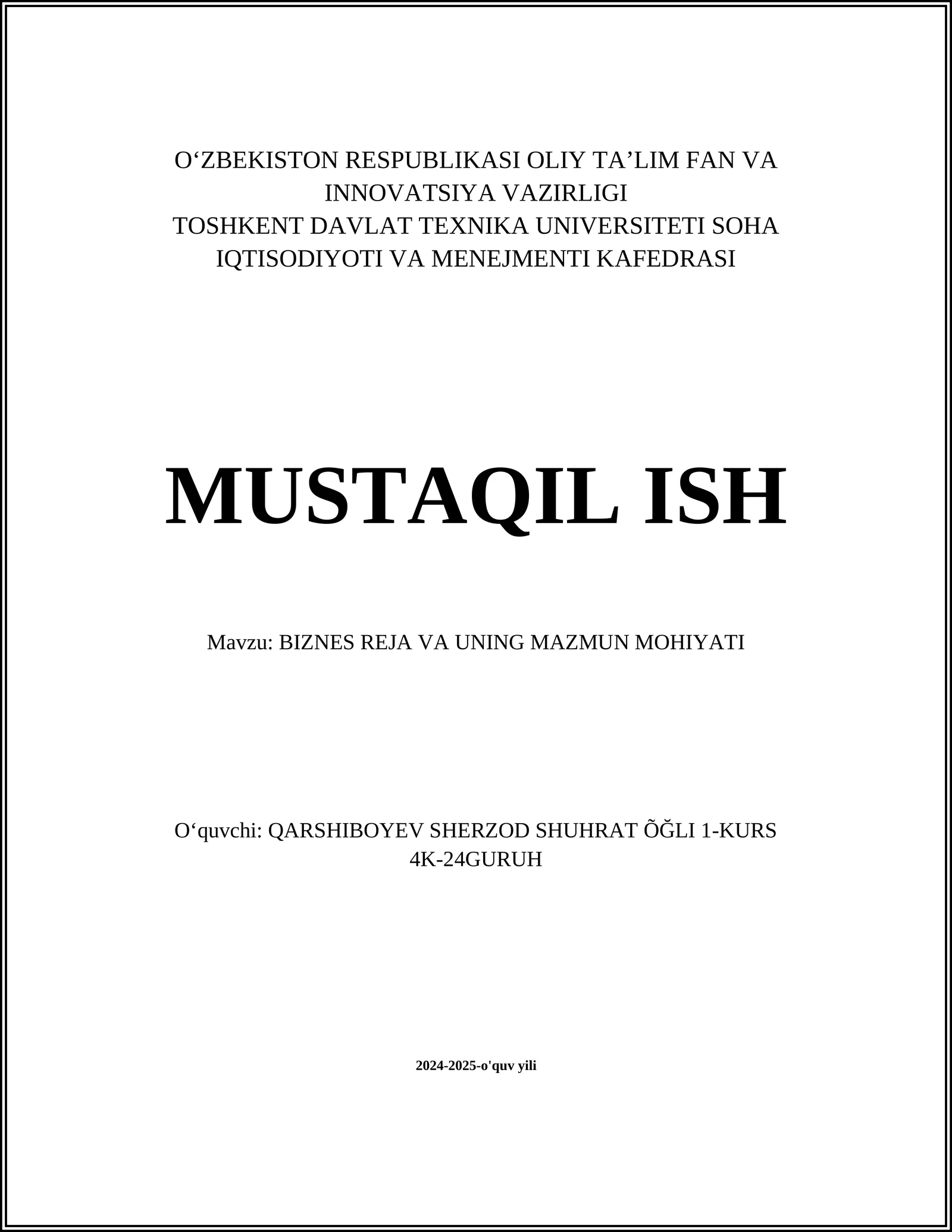 BIZNES REJA VA UNING MAZMUN MOHIYATI