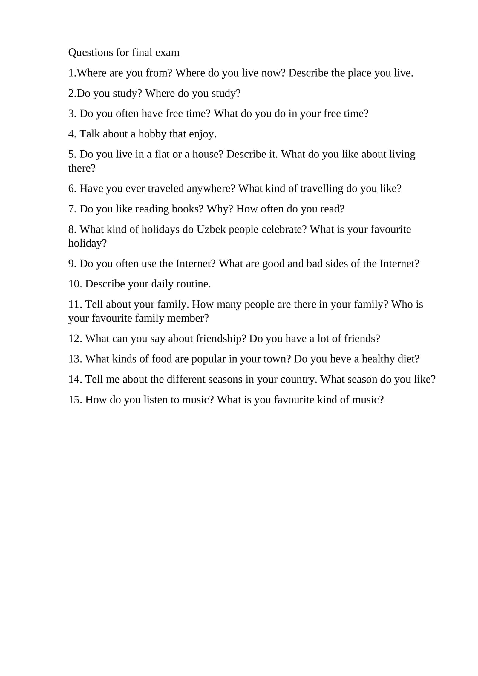 Questions for final exam