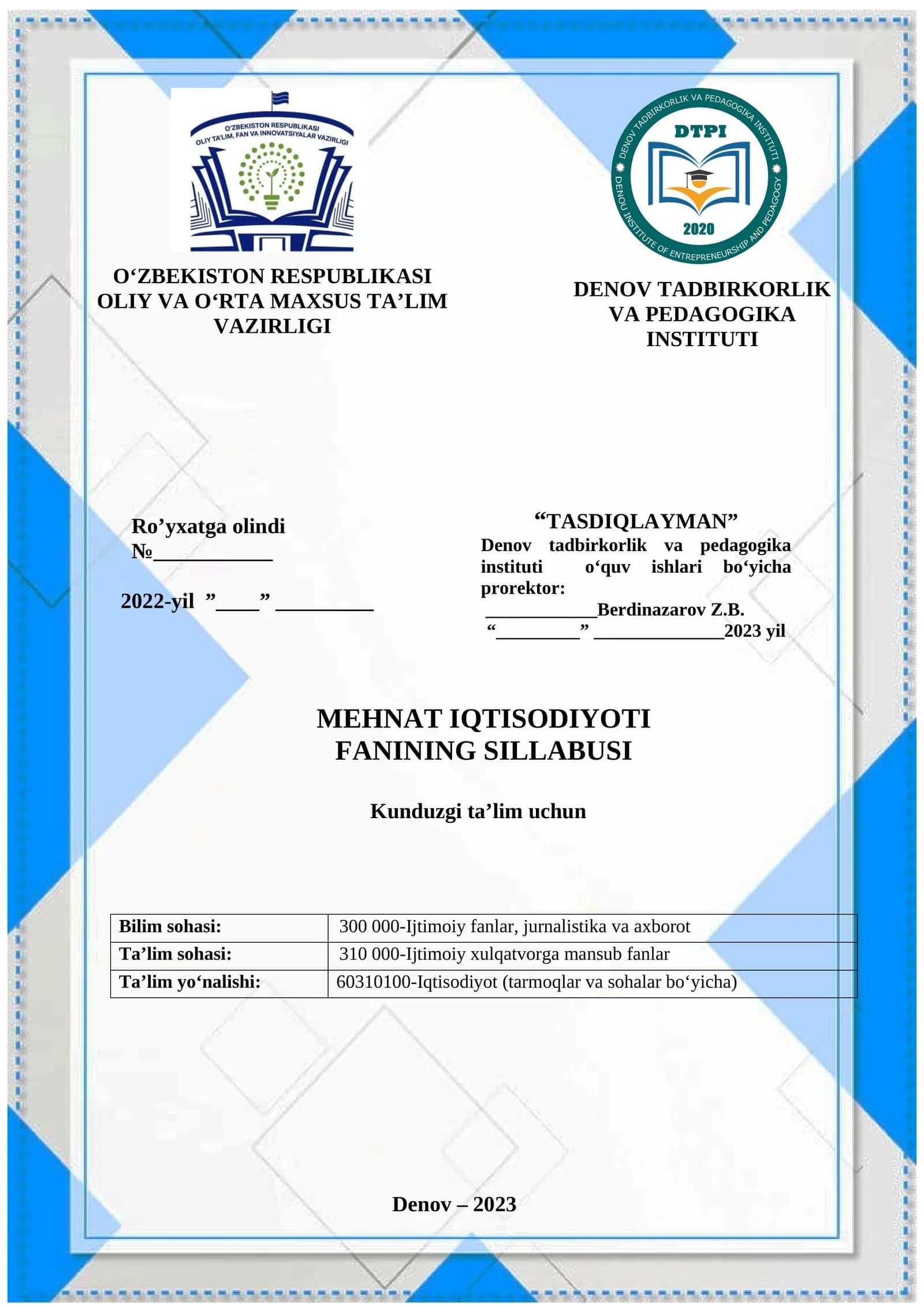 Mehnat Iqtisodiyoti Fanining Sillabusi