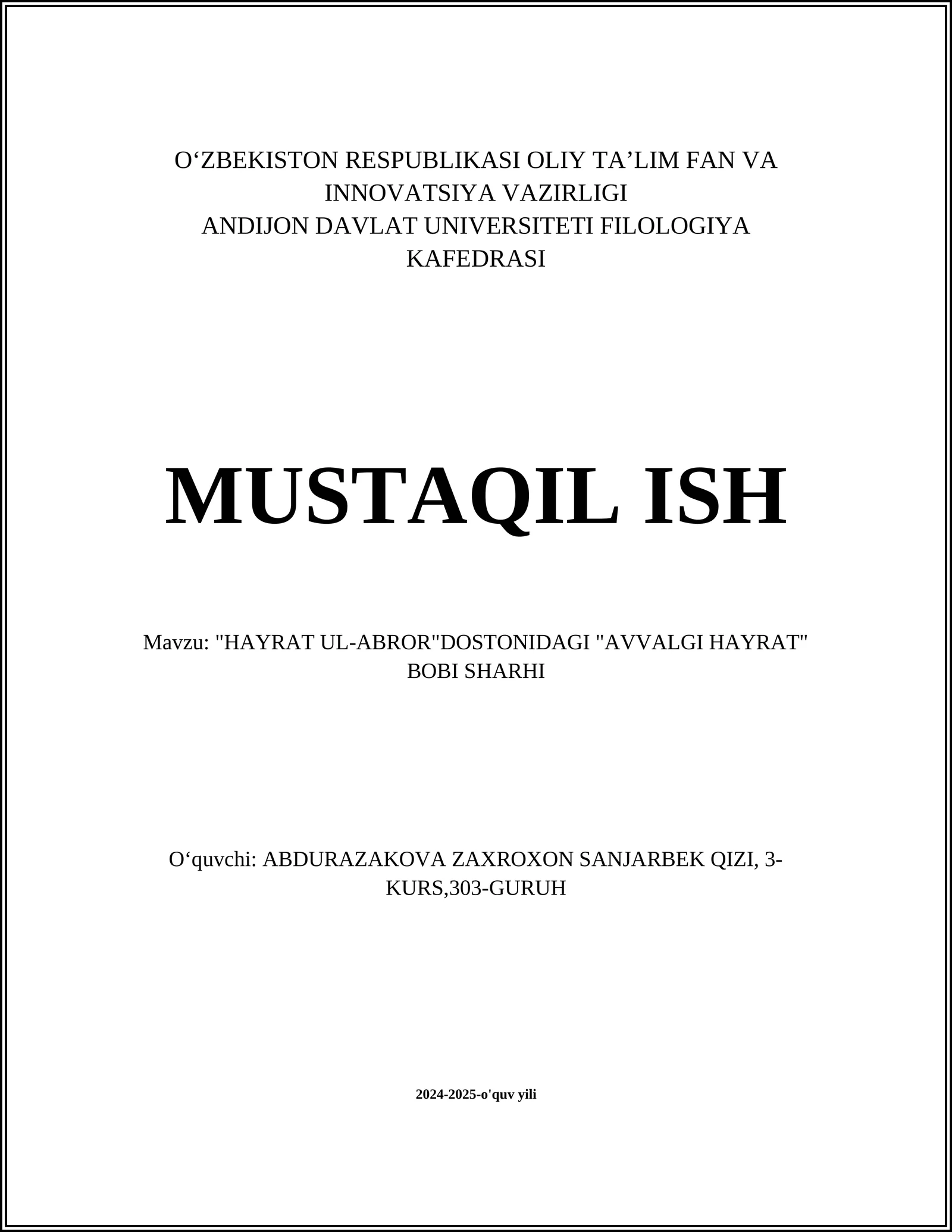 "HAYRAT UL-ABROR"DOSTONIDAGI "AVVALGI HAYRAT" BOBI SHARHI