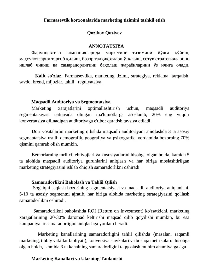 Farmasevtik korxonalarida marketing tizimini tashkil etish