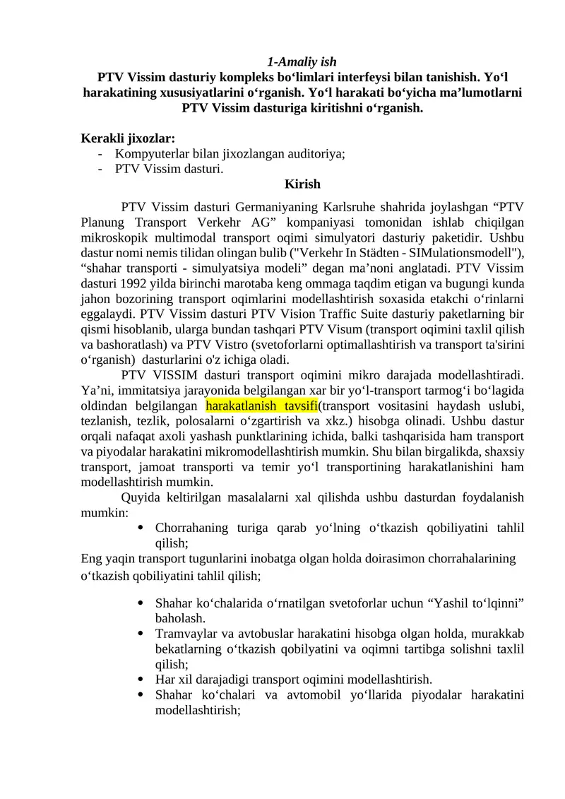PTV Vissim dasturi