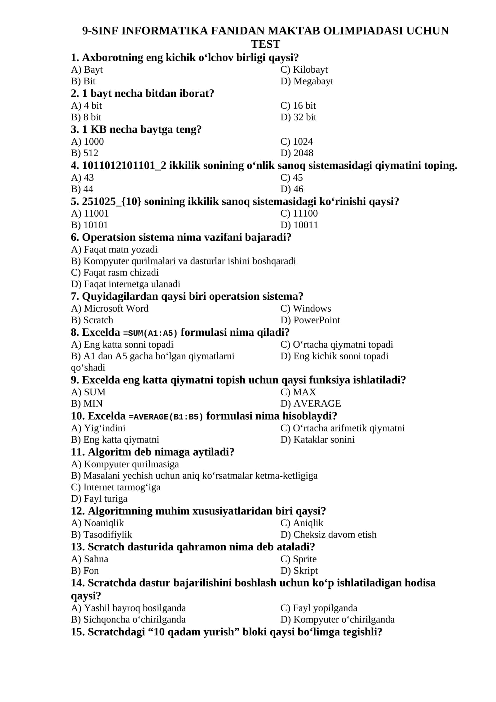 9-SINF INFORMATIKA FANIDAN MAKTAB OLIMPIADASI UCHUN TEST