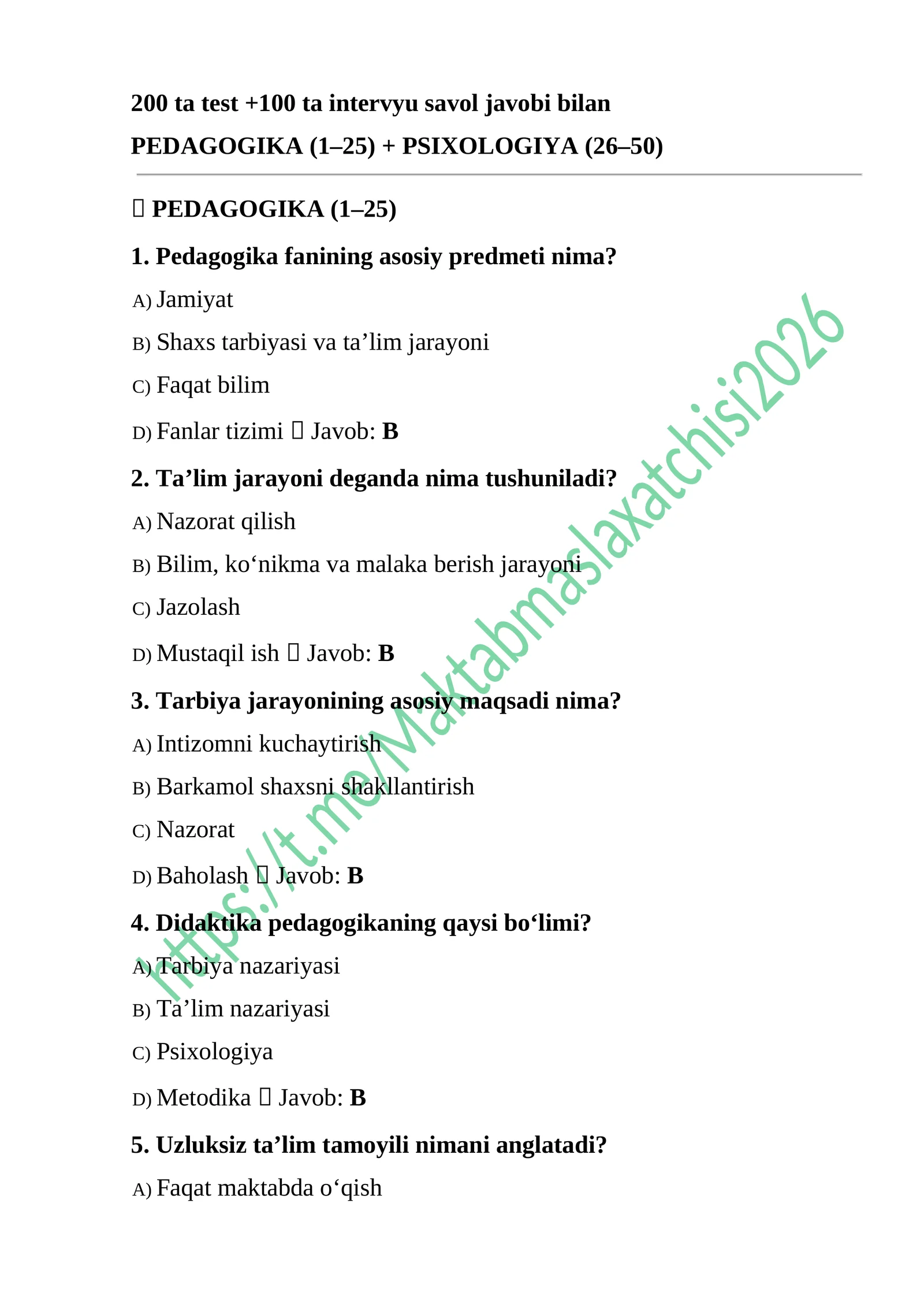 Maktab Maslahatchisi 300 ta test savol javoblari bilan