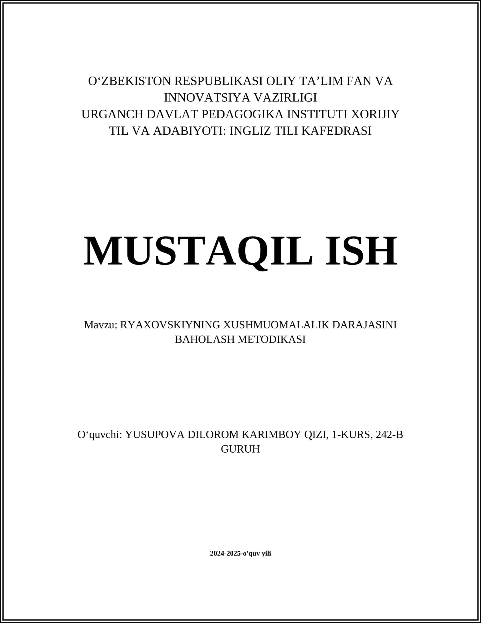 Ryaxovskiyning Xushmuomalalik Darajasini Baholash Metodikasi