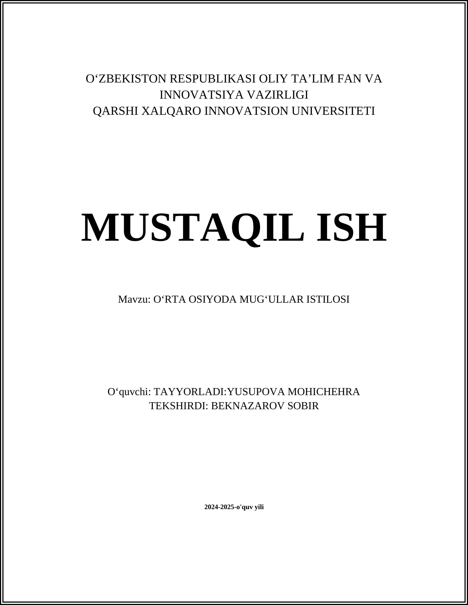 OʻRTA OSIYODA MUGʻULLAR ISTILOSI